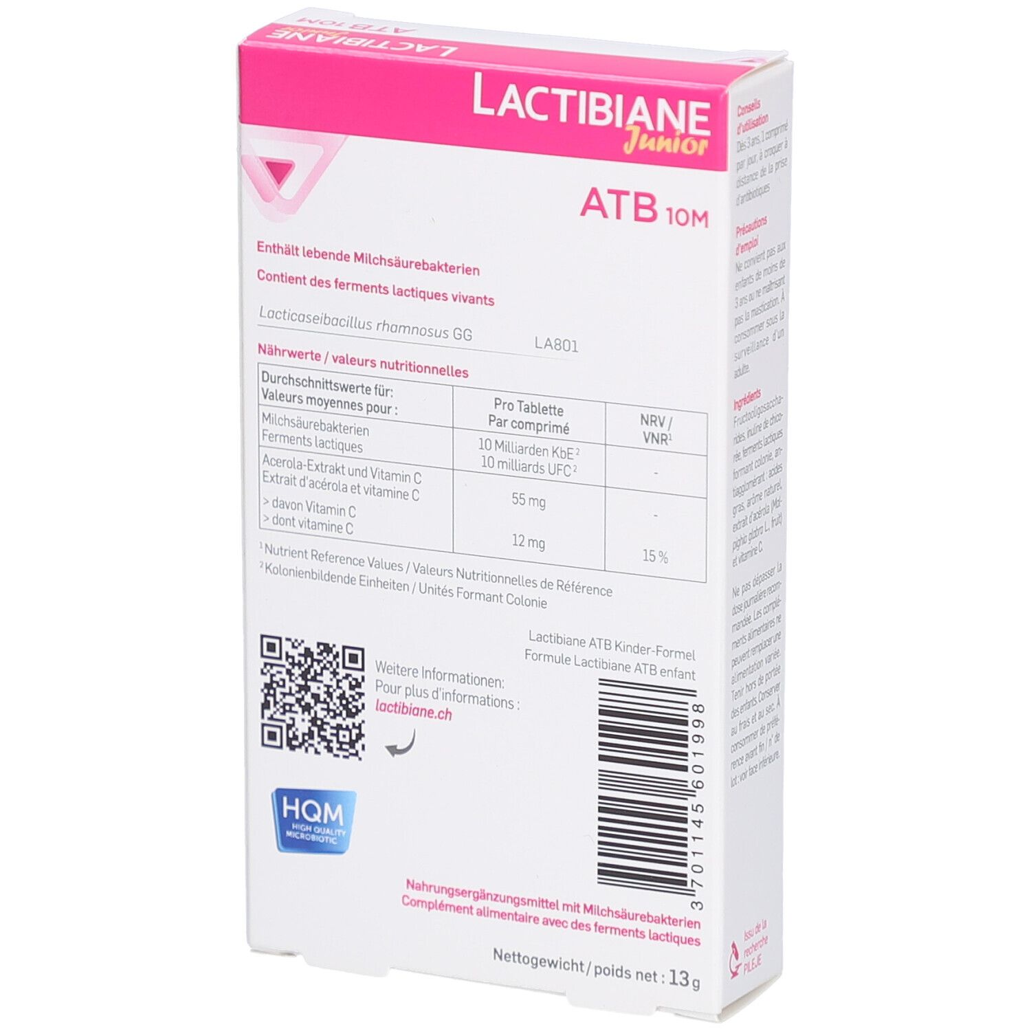 Dos de la boîte LACTIBIANE Junior ATB 10M. Contient des informations nutritionnelles et des informations sur les ingrédients.