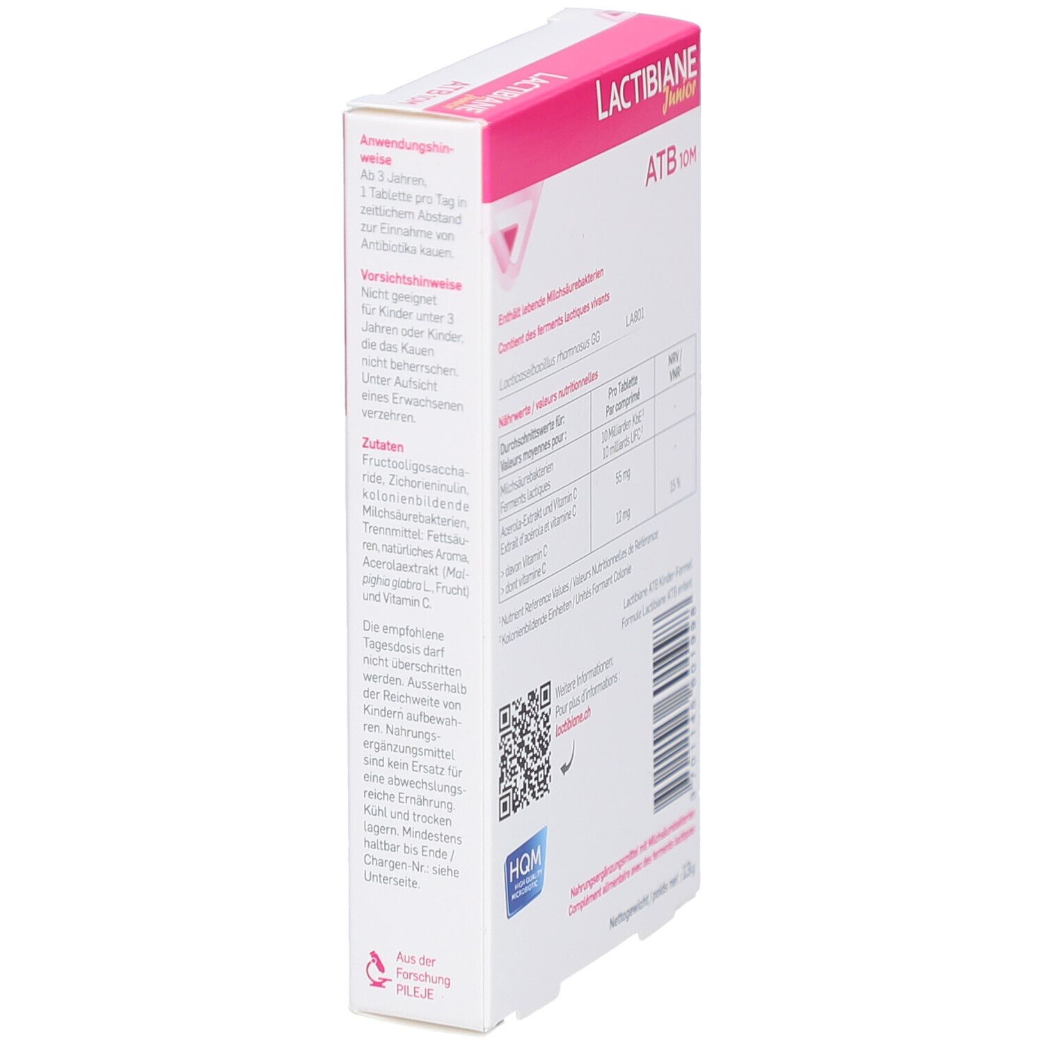 Vue latérale de la boîte LACTIBIANE Junior ATB 10M. Informations textuelles en allemand et français, rose et blanc.