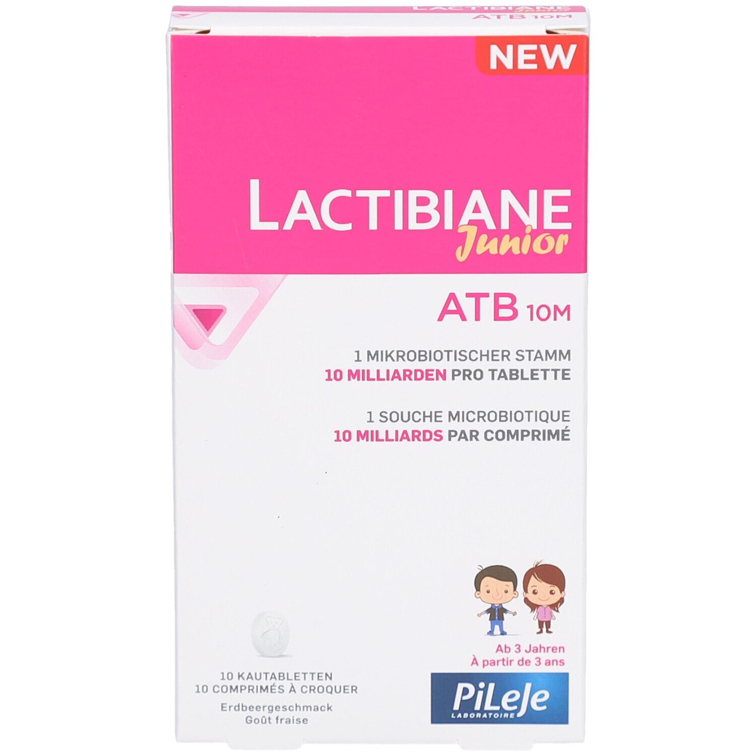 Vue de face de la boîte LACTIBIANE Junior ATB 10M. Rose et blanc, avec nom du produit et informations sur les comprimés et ingrédients.