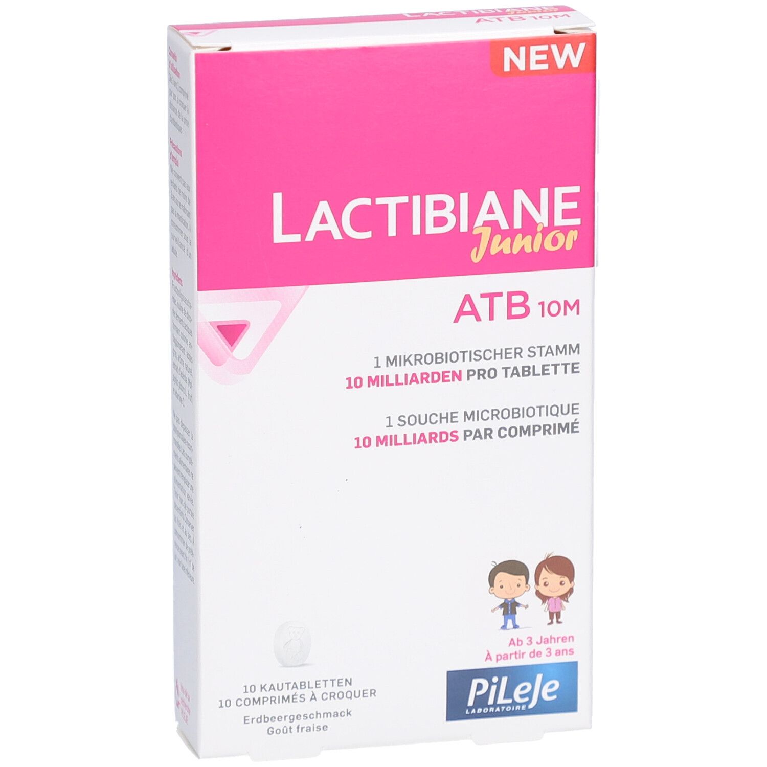 Vue de face de la boîte LACTIBIANE Junior ATB 10M. Rose et blanc, avec nom du produit et informations sur les comprimés et ingrédients.