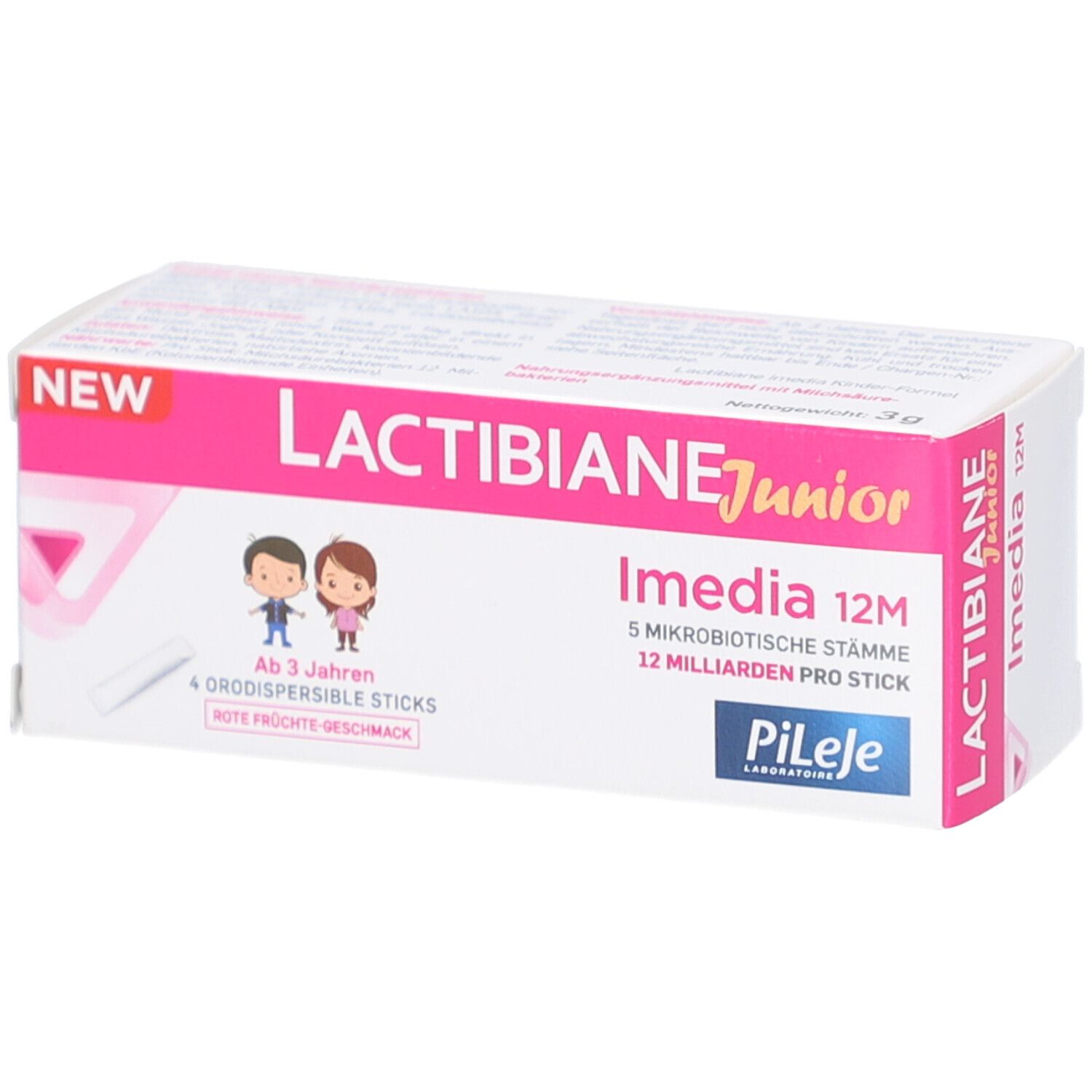 Karton mit LACTIBIANE Junior Imedia 12M. Rosa und weißes Design. Enthält 4 Sticks. Ab 3 Jahren. Pileje Logo.