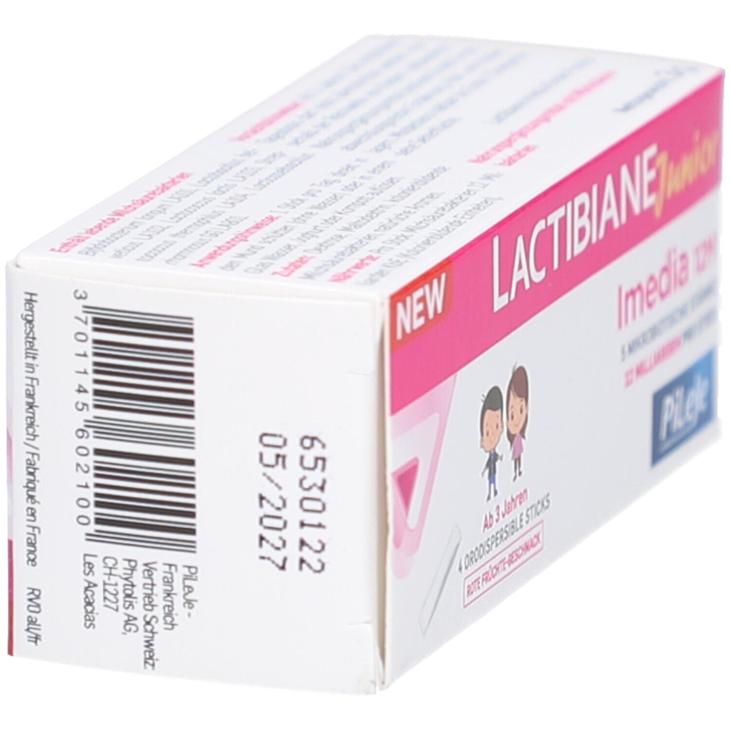 Karton LACTIBIANE Junior Imedia 12M. Barcode, Verfallsdatum 05/2027. Herstellerinformationen. Weiß und rosa.