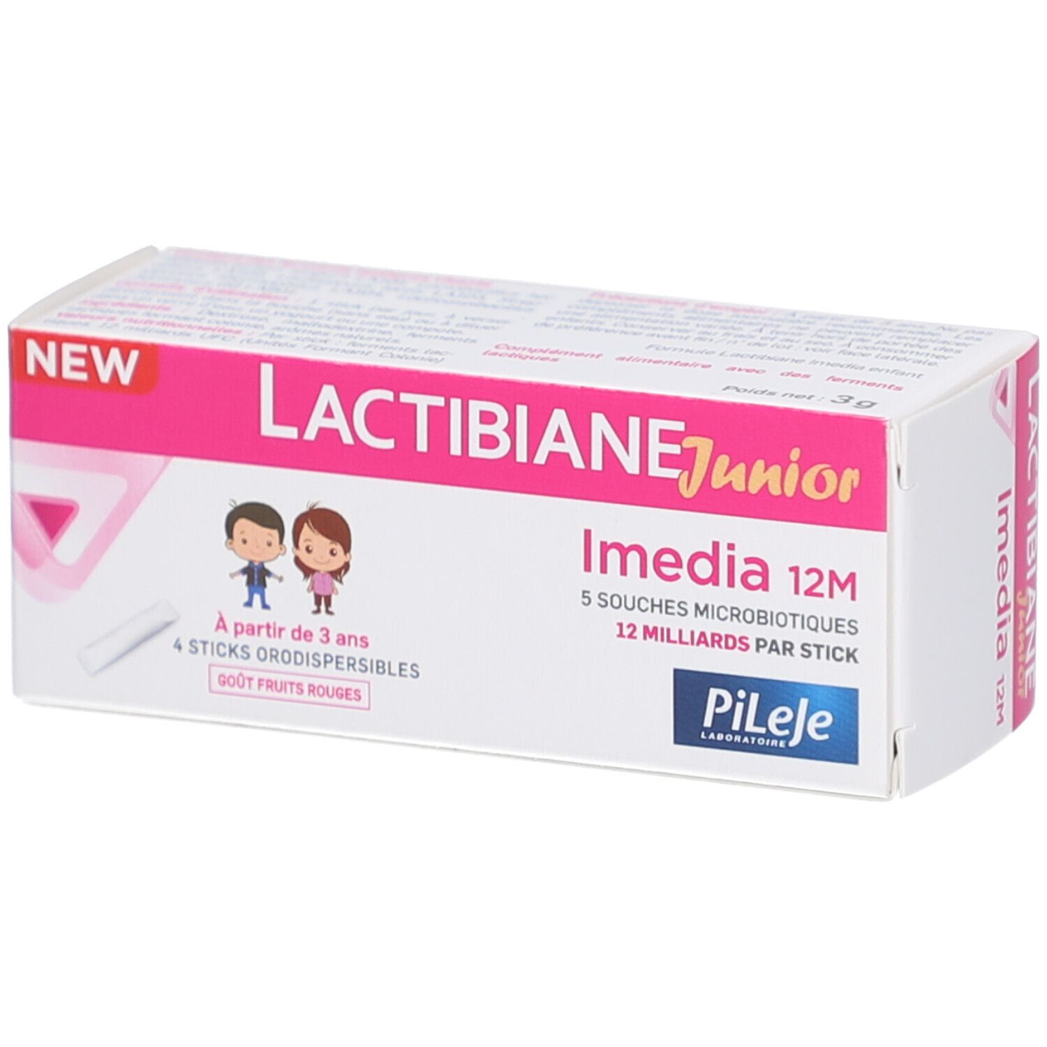Karton LACTIBIANE Junior Imedia 12M. Rosa und weißes Design. Enthält 4 Sticks. Ab 3 Jahren. Pileje Logo.