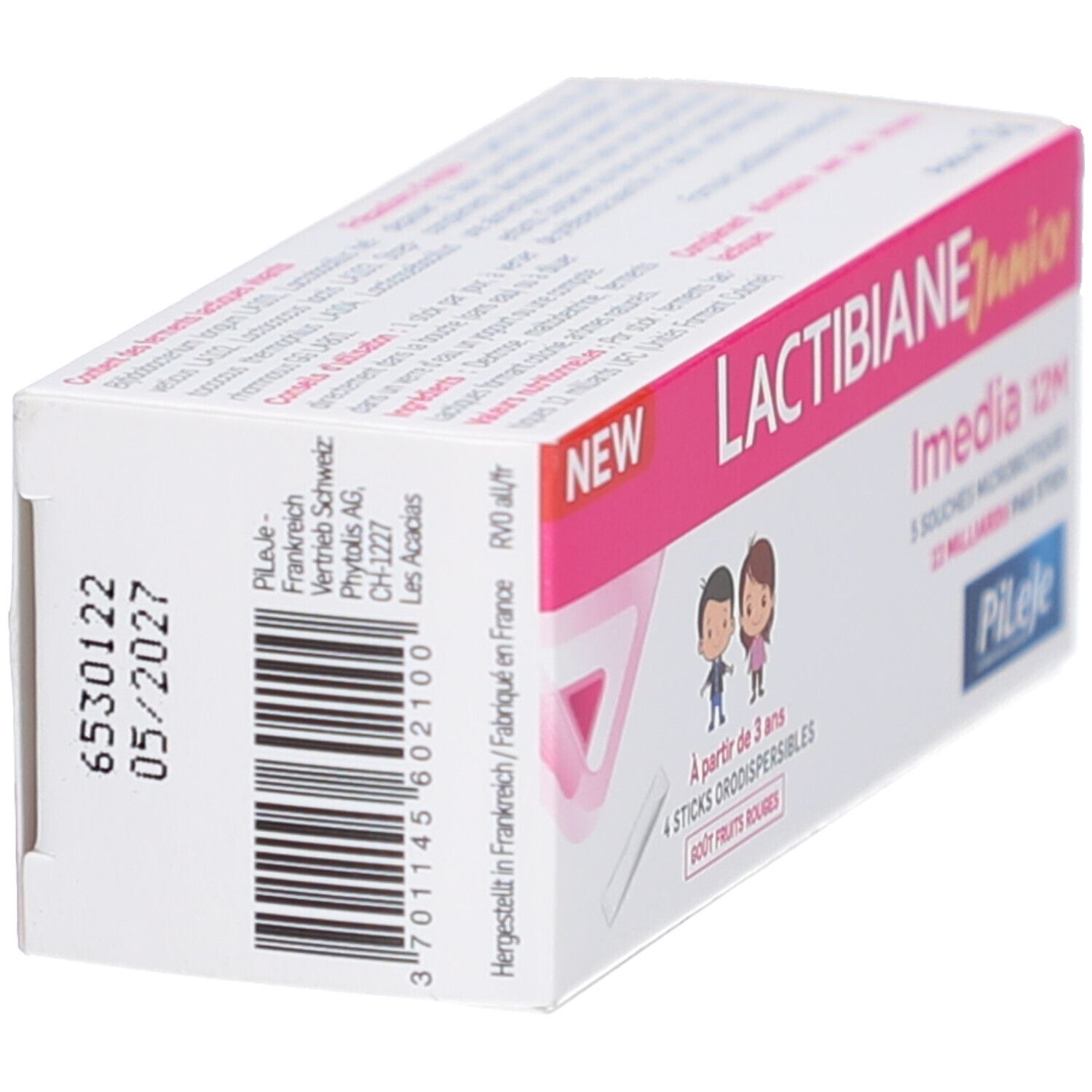 Karton LACTIBIANE Junior Imedia 12M. Barcode, Verfallsdatum 05/2027. Herstellerinformationen. Weiß und rosa.