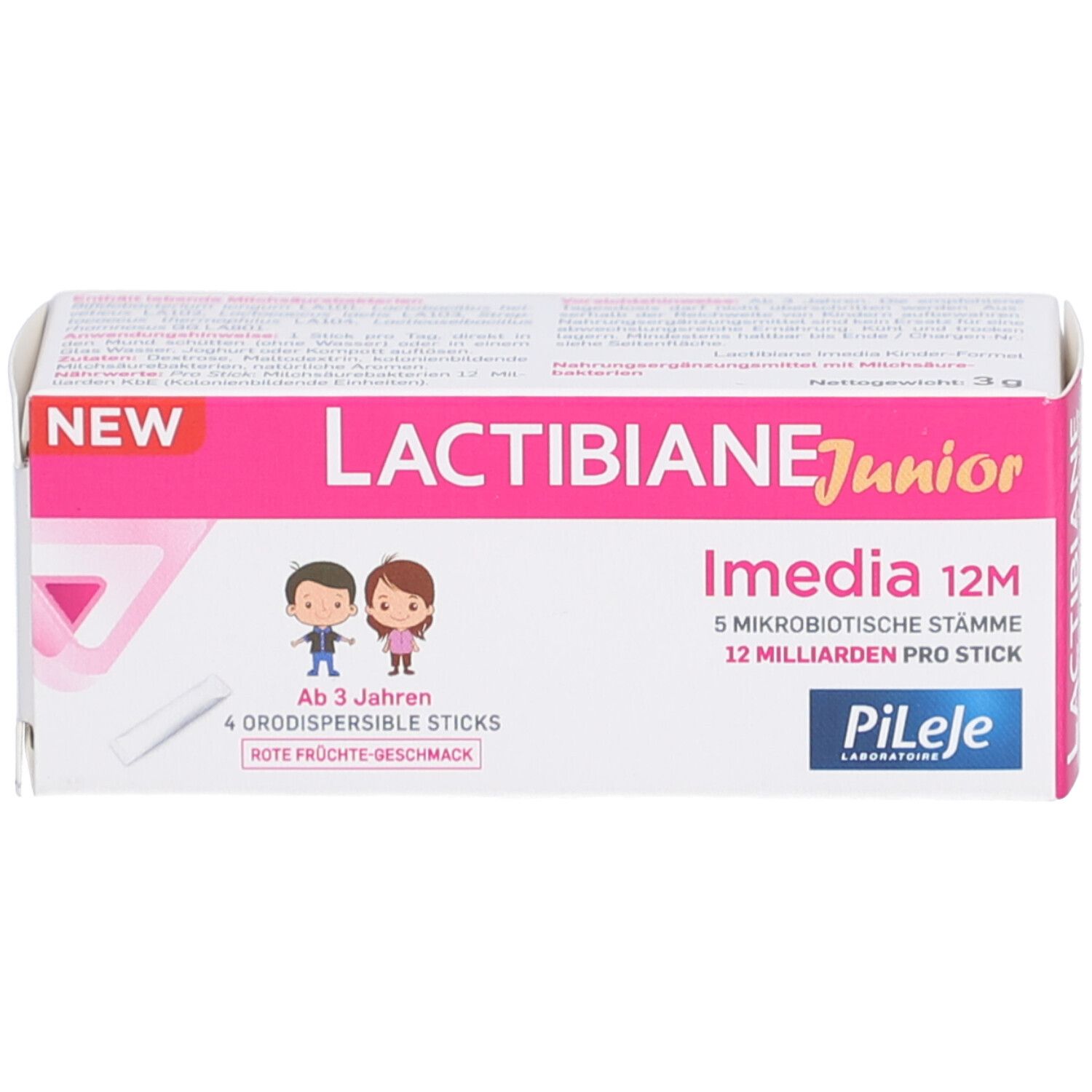 Karton LACTIBIANE Junior Imedia 12M. Rosa und weißes Design. Enthält 4 Sticks. Ab 3 Jahren. Pileje Logo.