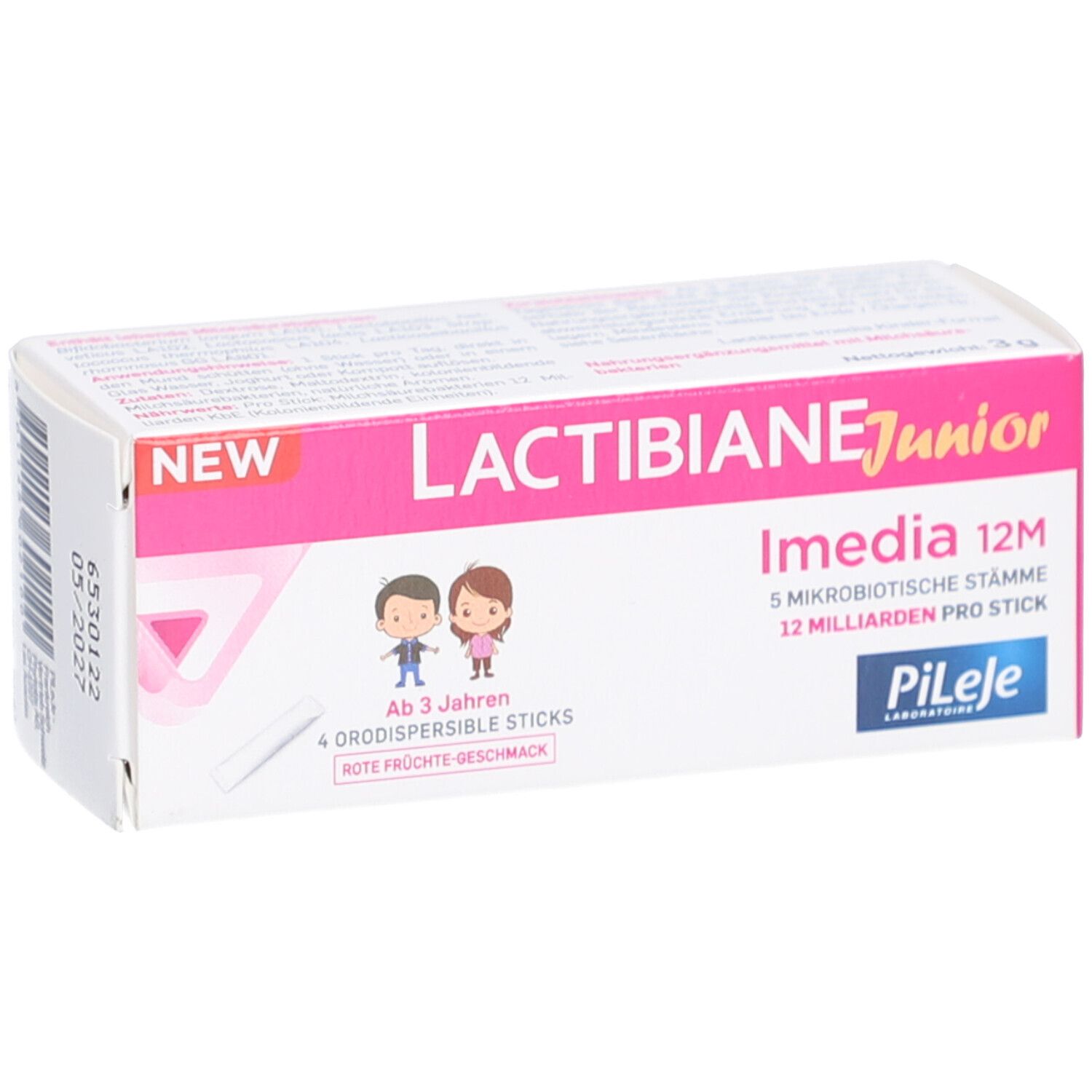 Karton LACTIBIANE Junior Imedia 12M. Rosa und weißes Design. Enthält 4 Sticks. Ab 3 Jahren. Pileje Logo.