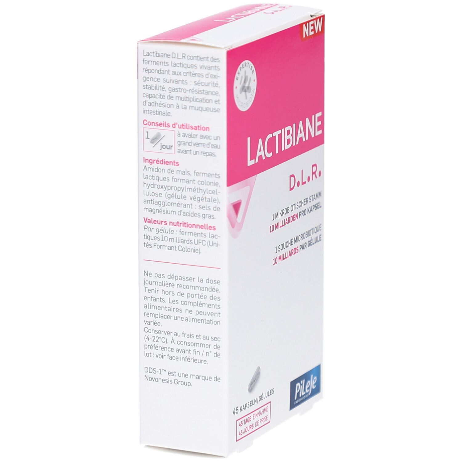 Weiße und rosa Schachtel Lactibiane D.L.R. mit Text. 45 Kapseln. Logo Pileje. Seitenansicht.
