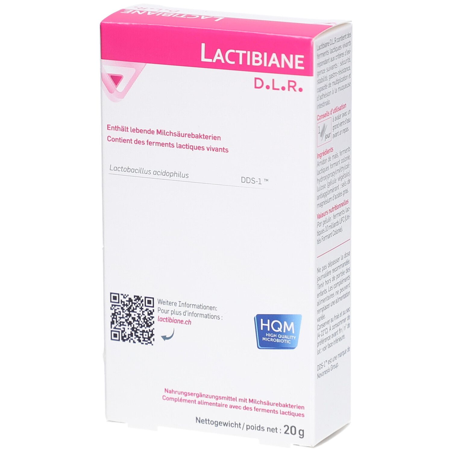 Schachtel Lactibiane D.L.R. mit Text und QR-Code. Enthält lebende Milchsäurebakterien. Logo HQM.