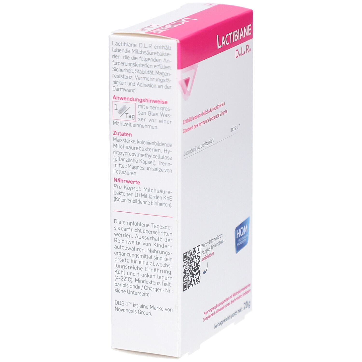 Schachtel Lactibiane D.L.R. mit Text und QR-Code. Enthält lebende Milchsäurebakterien. Logo HQM.