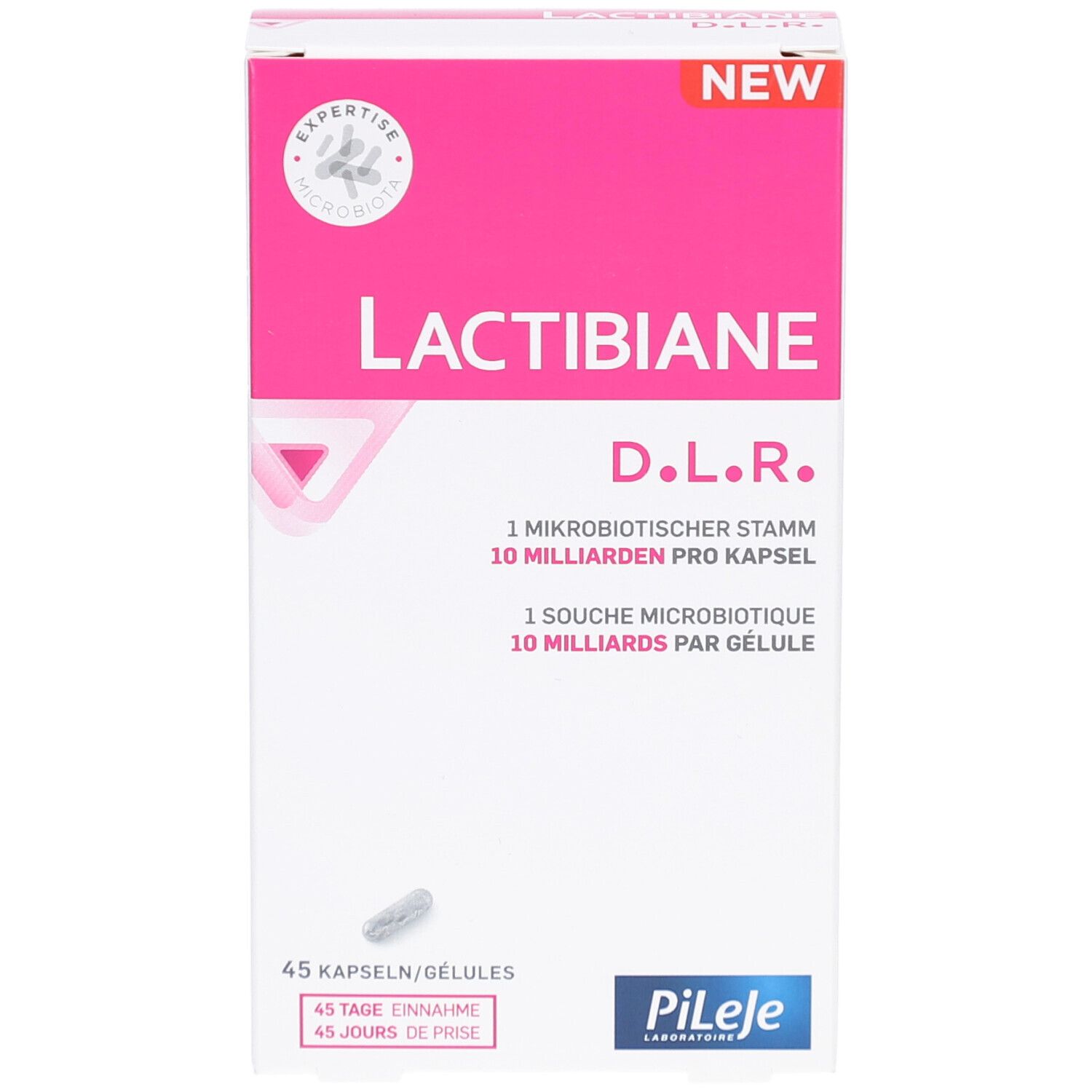 Weiße und rosa Schachtel Lactibiane D.L.R. mit Kapsel-Abbildung. 45 Kapseln. Logo Pileje.