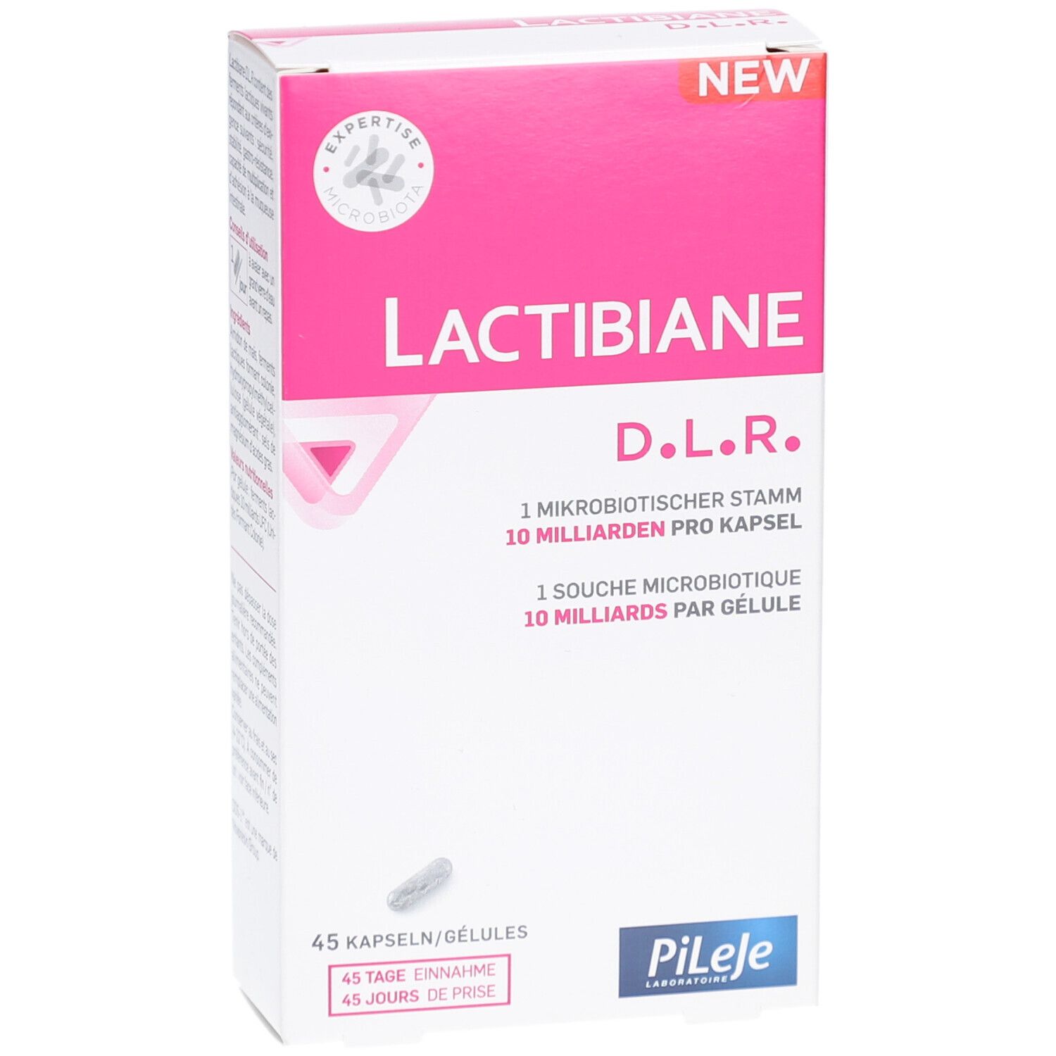 Weiße und rosa Schachtel Lactibiane D.L.R. mit Kapsel-Abbildung. 45 Kapseln. Logo Pileje.