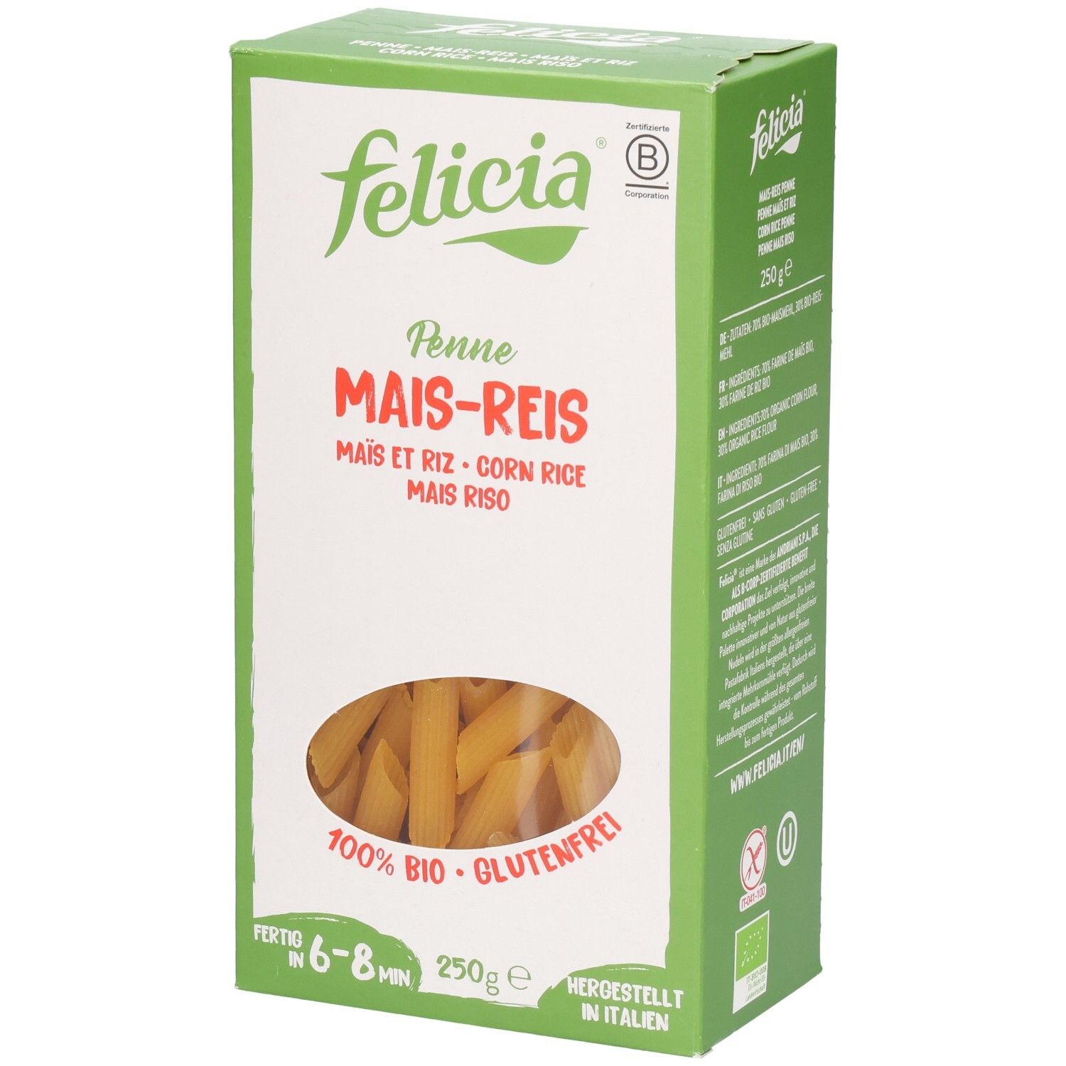 Pâtes Felicia Penne Maïs-Riz sans gluten, paquet de 250g avec fenêtre de visualisation.
