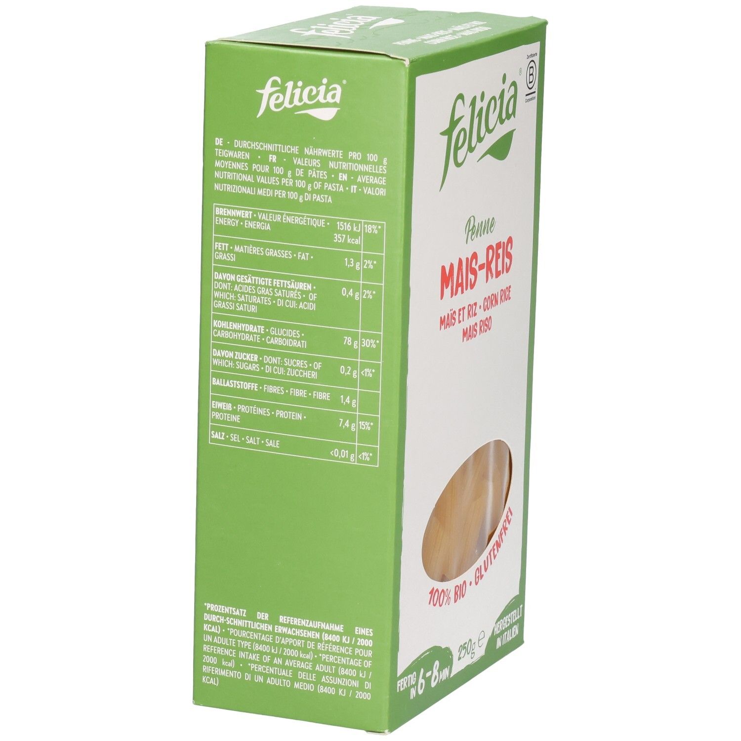 Dos de la boîte de pâtes Felicia Penne Maïs-Riz sans gluten avec informations nutritionnelles.