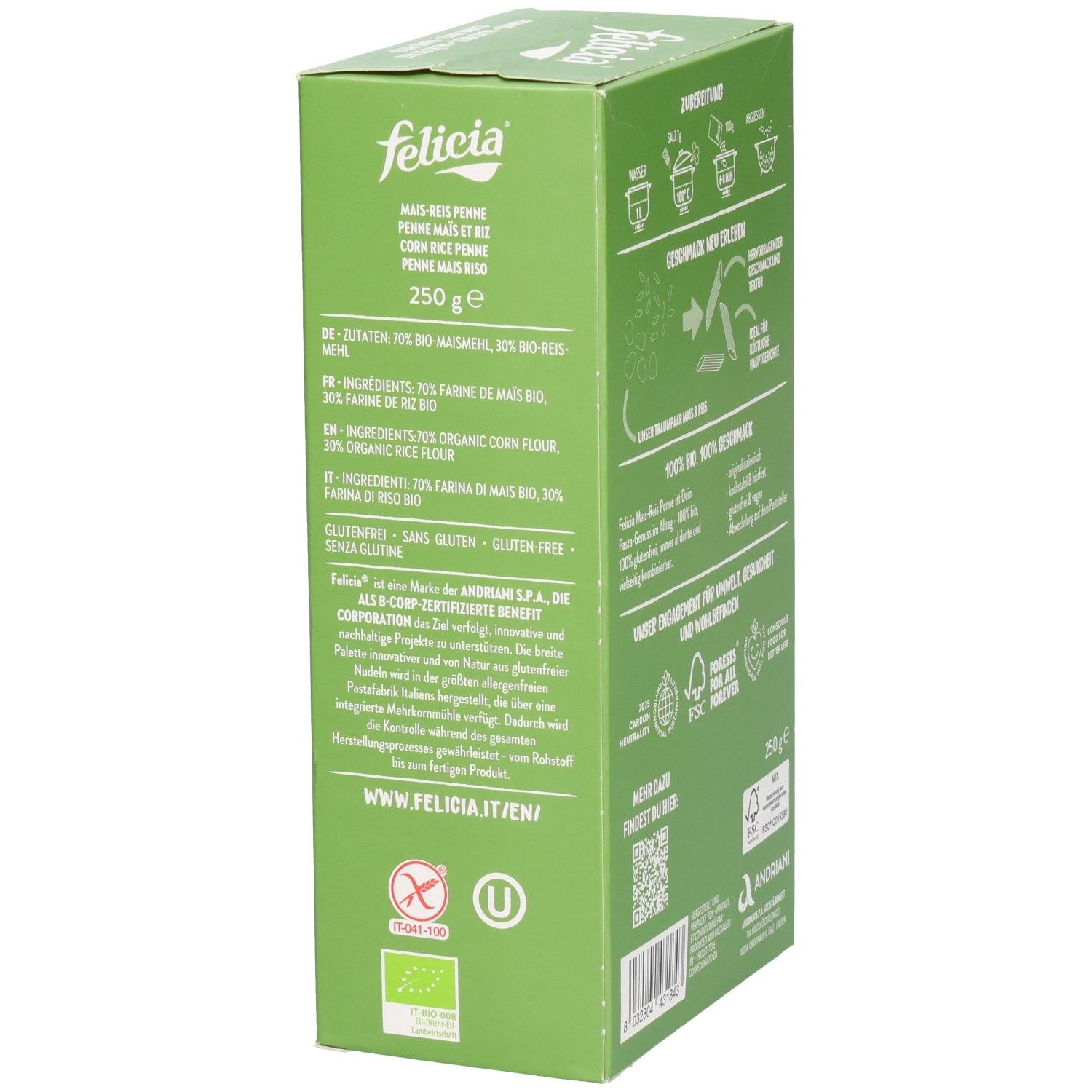 Vue latérale de la boîte de pâtes Felicia Penne Maïs-Riz sans gluten avec label Bio.