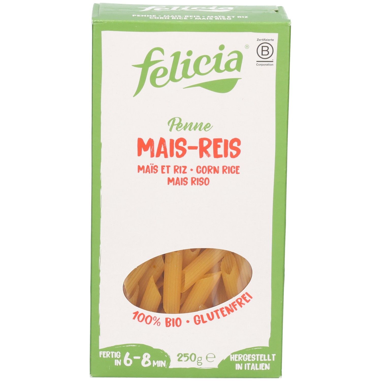 Face avant de la boîte de pâtes Felicia Penne Maïs-Riz sans gluten, 250g.