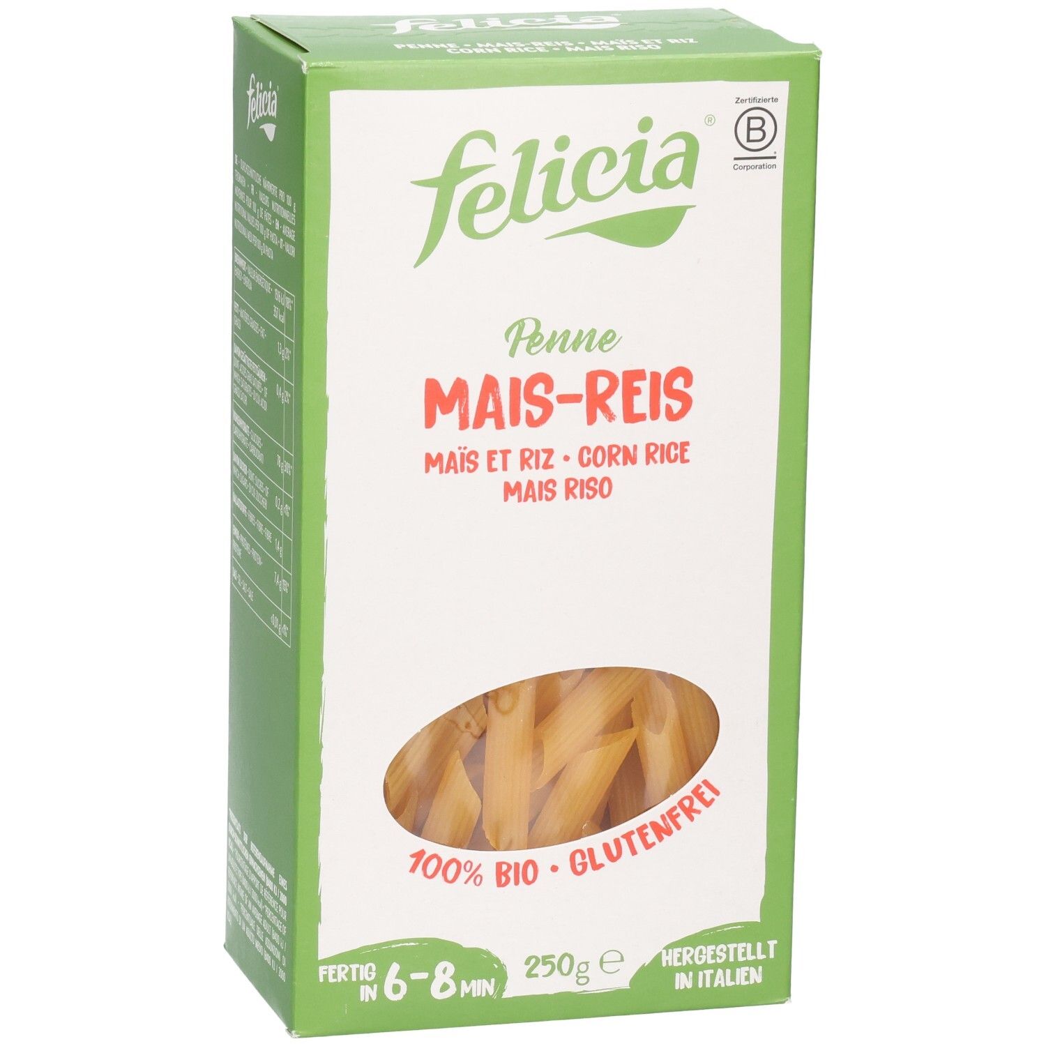 Pâtes Felicia Penne Maïs-Riz sans gluten, paquet de 250g avec fenêtre de visualisation.