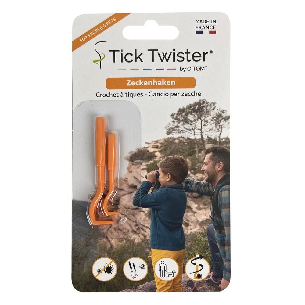 Zwei orangefarbene Zeckenhaken im Blisterpack, Marke Tick Twister.