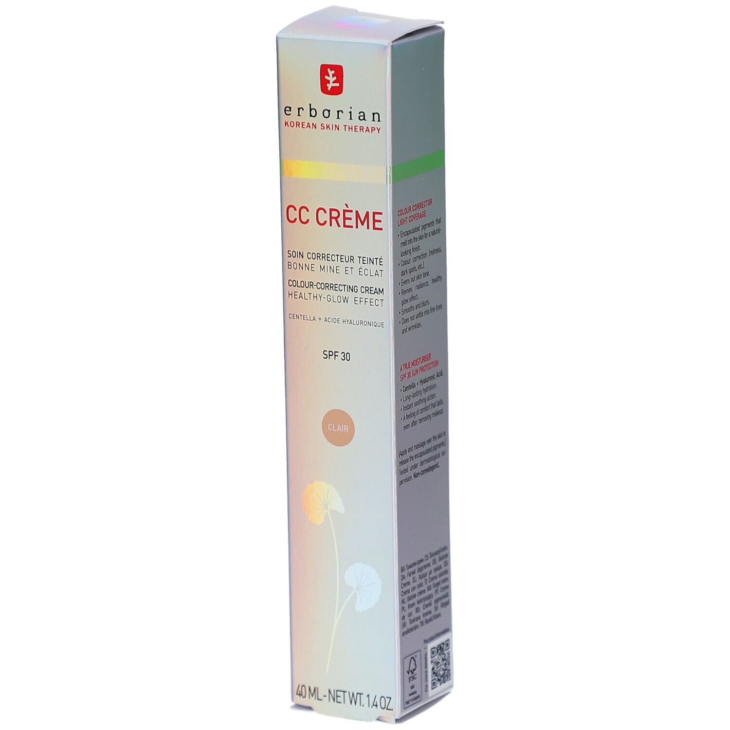 Erborian CC Crème clair, 40 ml. Crème correctrice de teint dans un emballage blanc. Contient SPF 30.