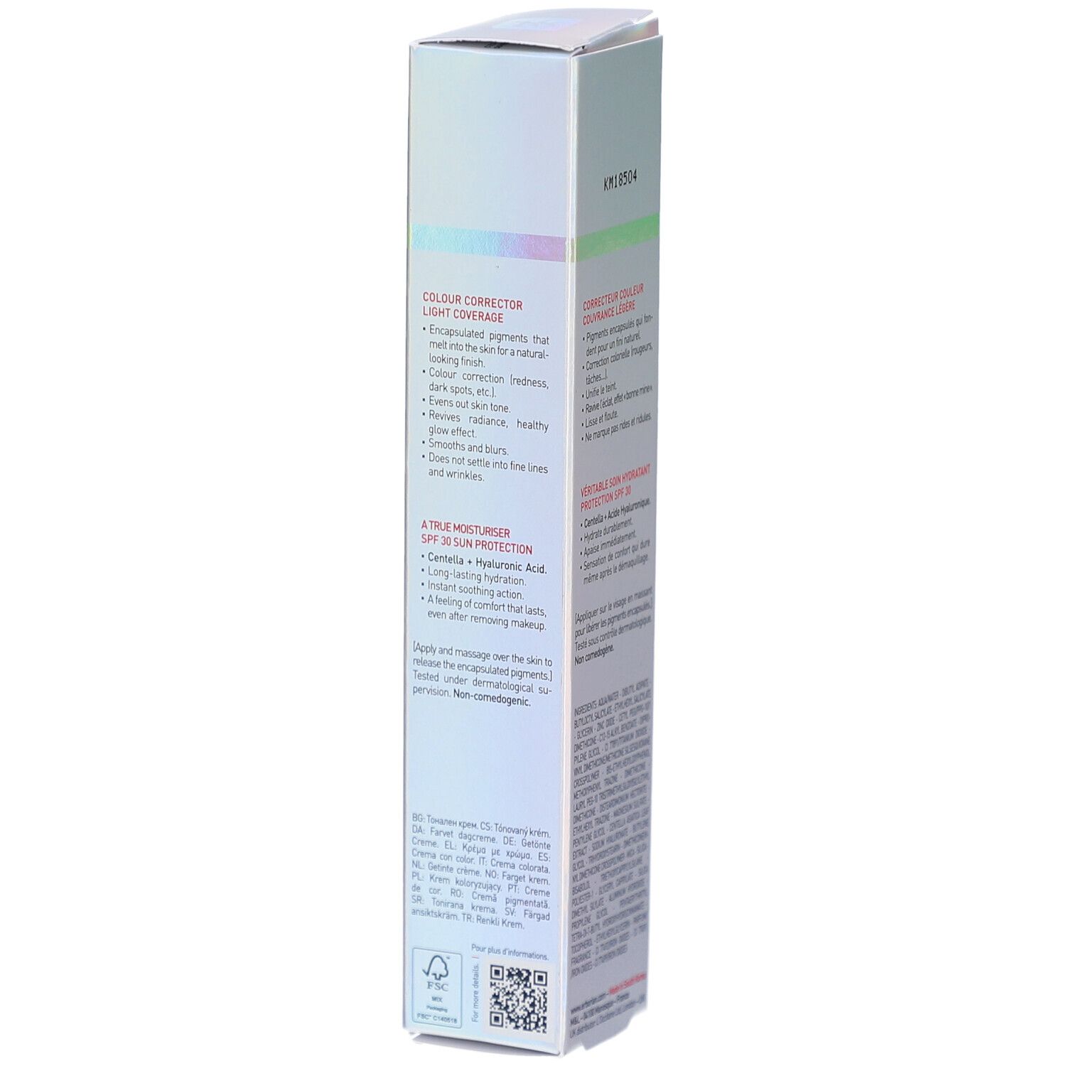 Emballage Erborian CC Crème. Vue détaillée des informations et ingrédients du produit. Texte multilingue.