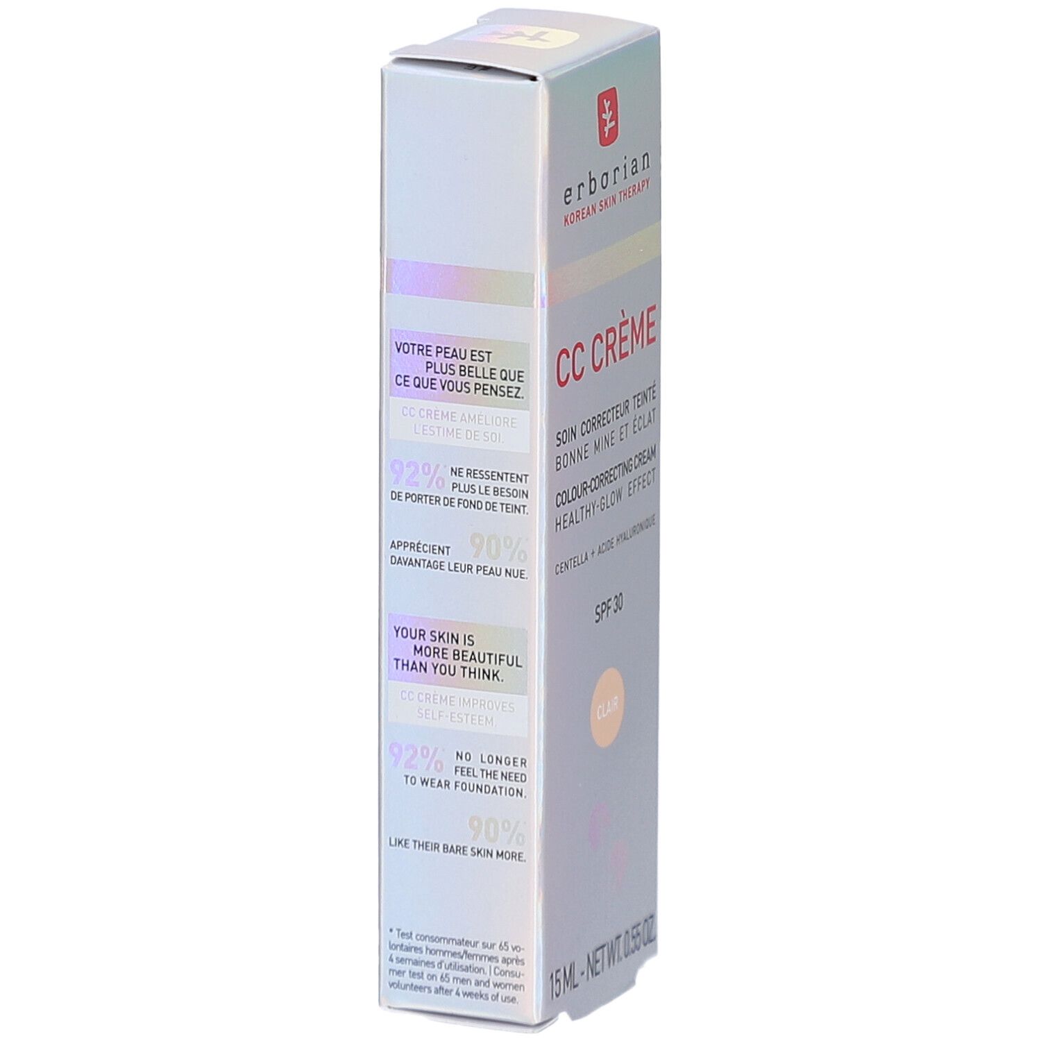 Emballage Erborian CC Crème. Texte: Votre peau est plus belle que ce que vous pensez. SPF 30. Informations produit.