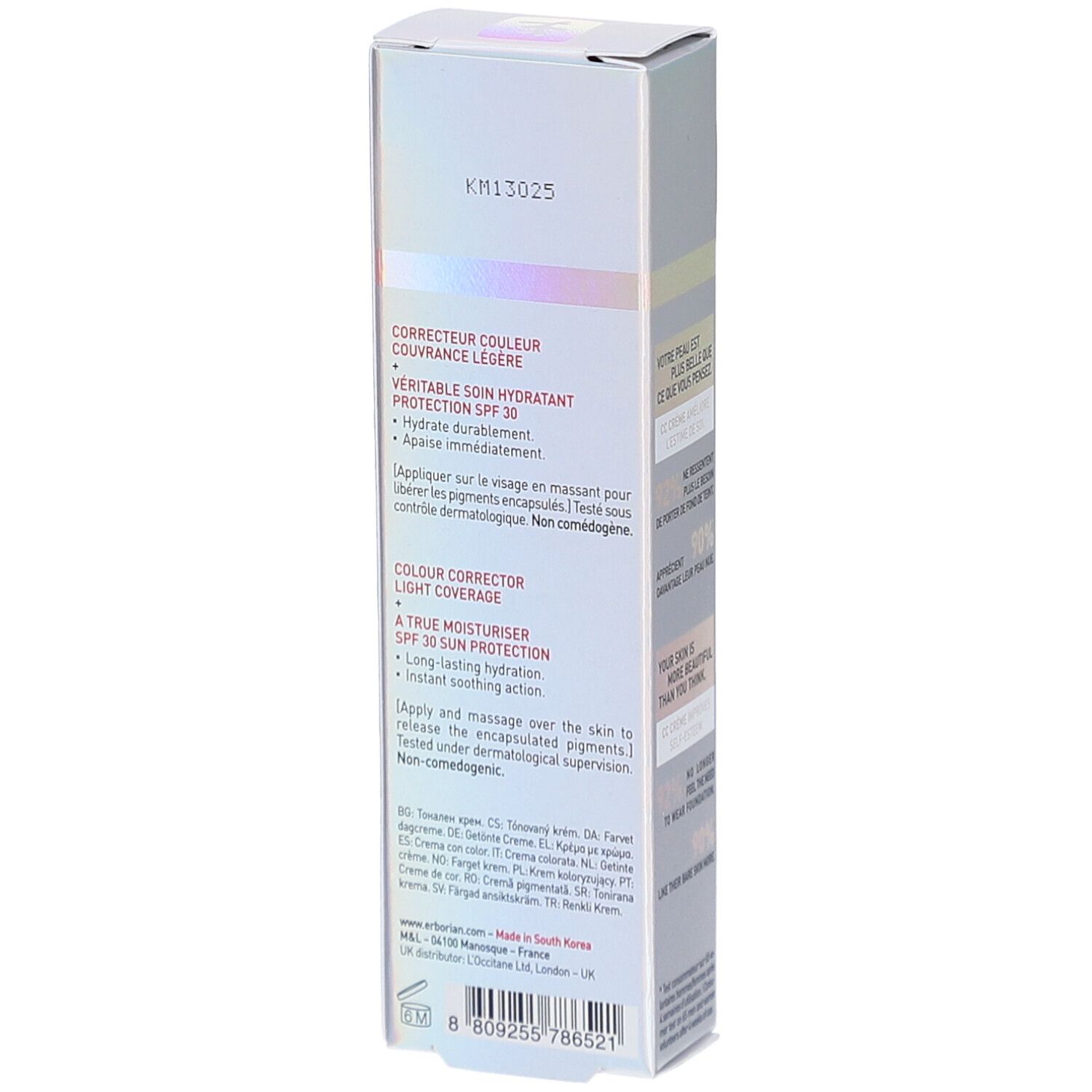 Emballage Erborian CC Crème. Dos avec informations produit, ingrédients et instructions d'utilisation.