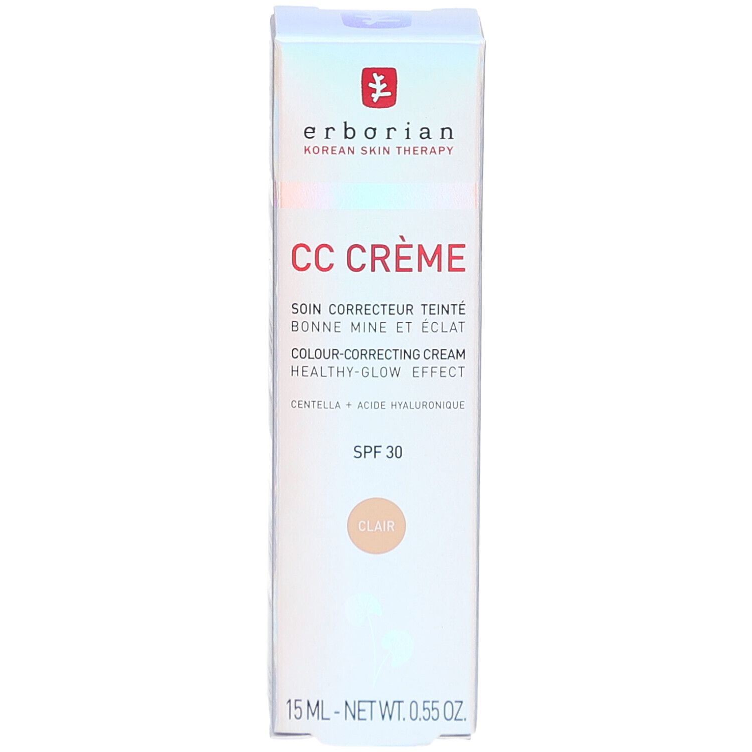 Erborian CC Crème clair, 15 ml. Crème correctrice de teint avec SPF 30. Emballage avec informations produit.