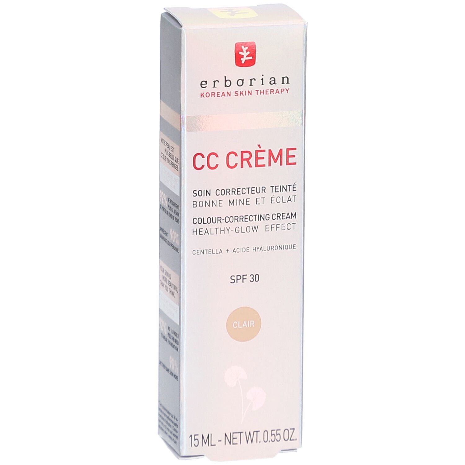 Erborian CC Crème clair, 15 ml. Crème correctrice de teint avec SPF 30. Emballage avec informations produit.