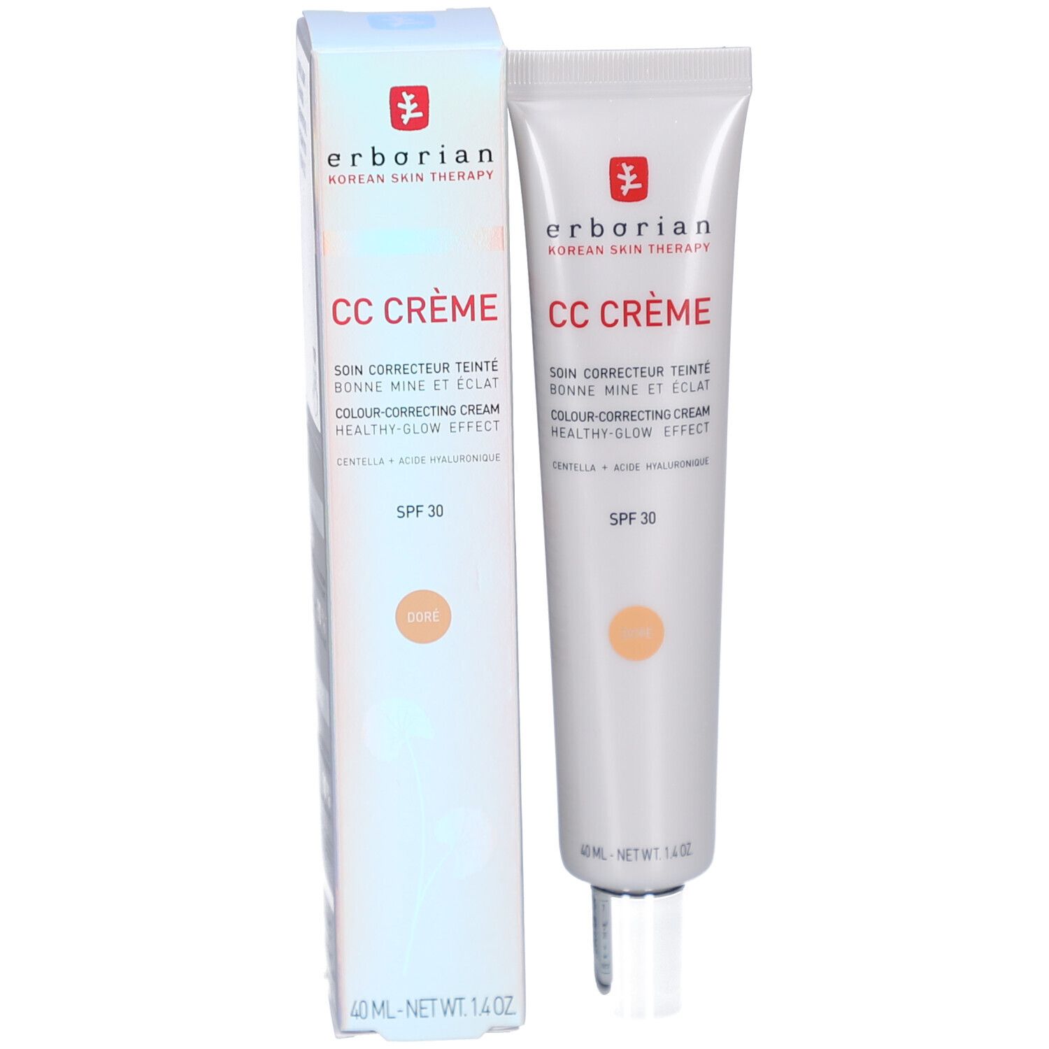 Produktverpackung mit Tube und Schachtel. Marke Erborian. CC Crème. Farbton Doré. SPF 30. 40 ml.