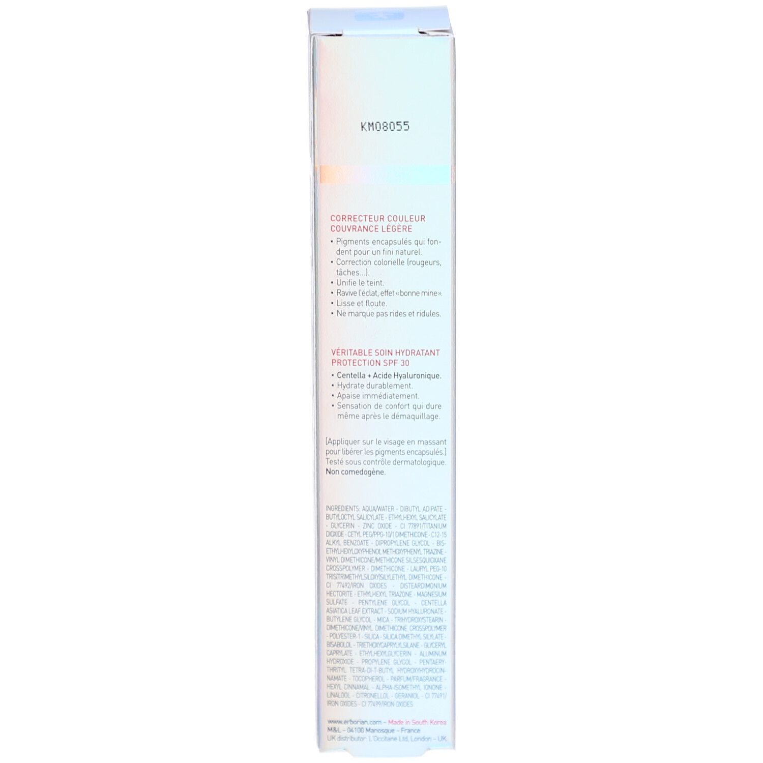 Schachtel-Seite mit Text. Inhaltsstoffe und Produktinformationen. Nicht komedogen.