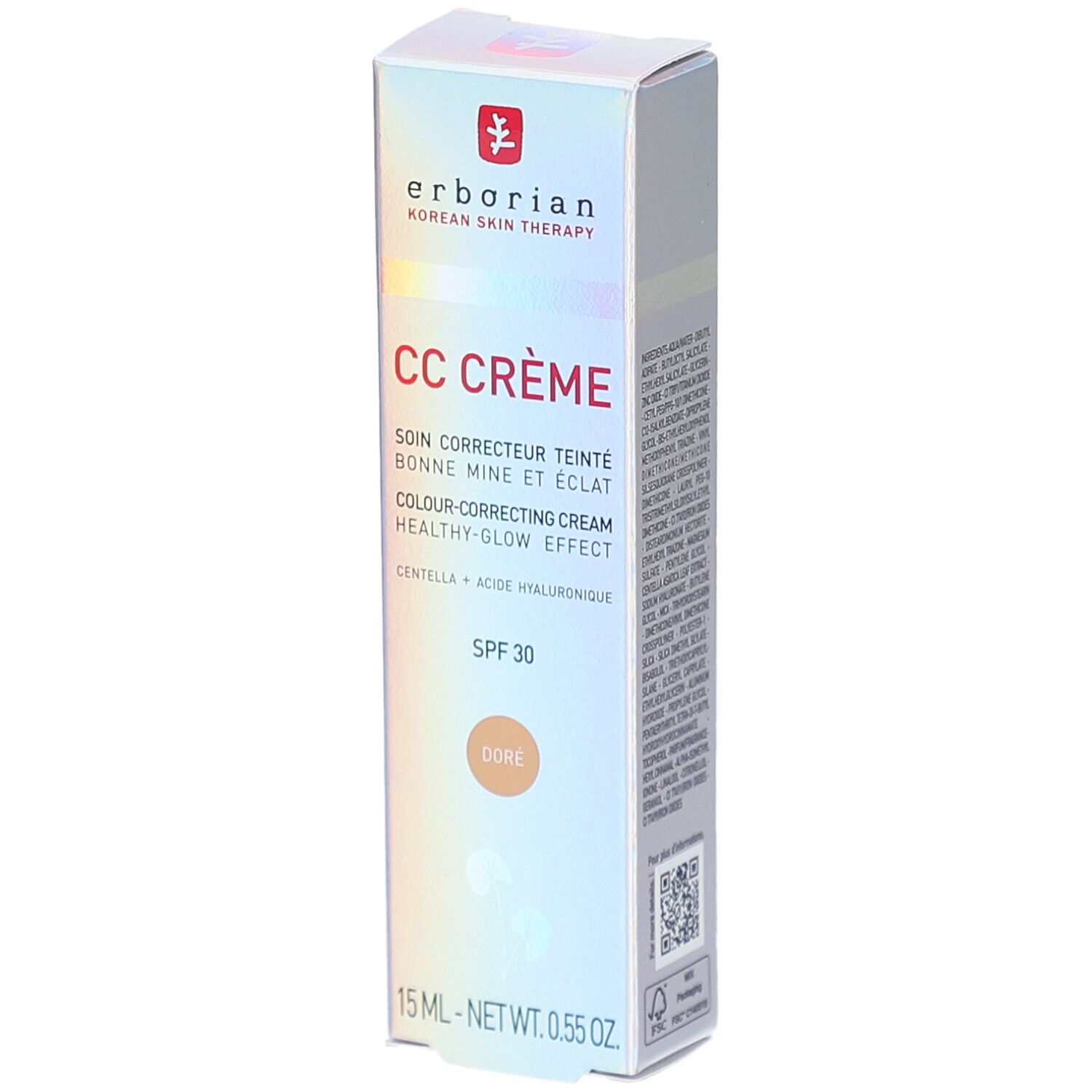 Erborian CC Crème doré, 15 ml. Farbkorrigierende Creme mit SPF 30. Verpackung mit Produktinformationen und Logo.