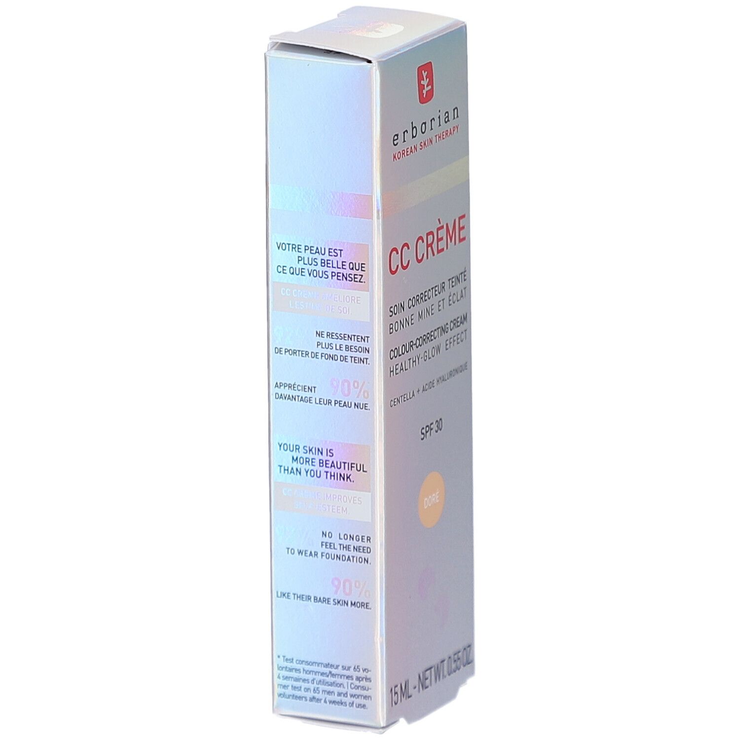 Erborian CC Crème Verpackung. Text: Ihre Haut ist schöner, als Sie denken. SPF 30. 15 ml. Holografischer Hintergrund.