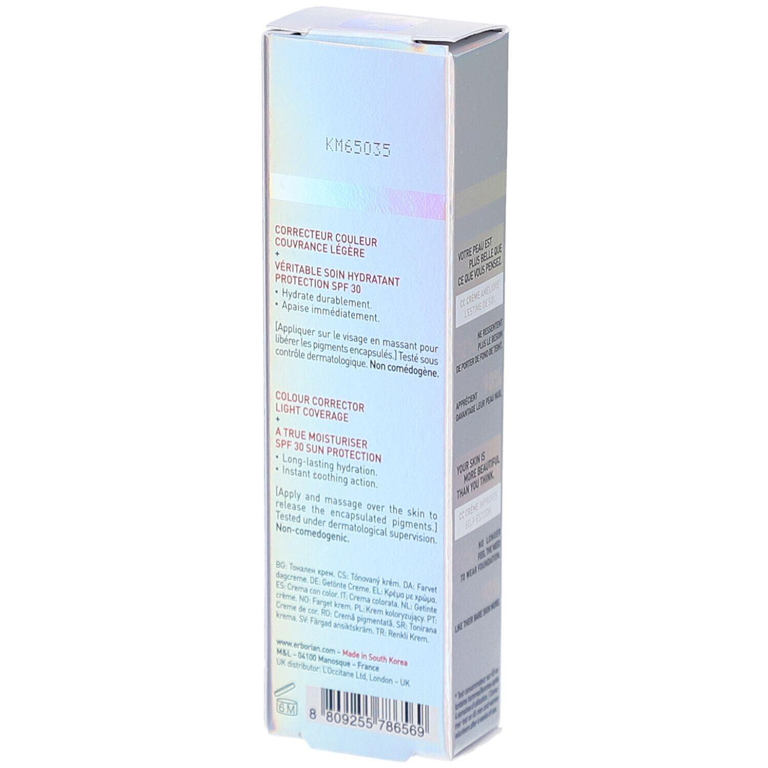 Erborian CC Crème Verpackung. Rückseite mit Produktinformationen. Korrektur, Feuchtigkeitspflege, SPF 30. Inhaltsstoffe und Hersteller.