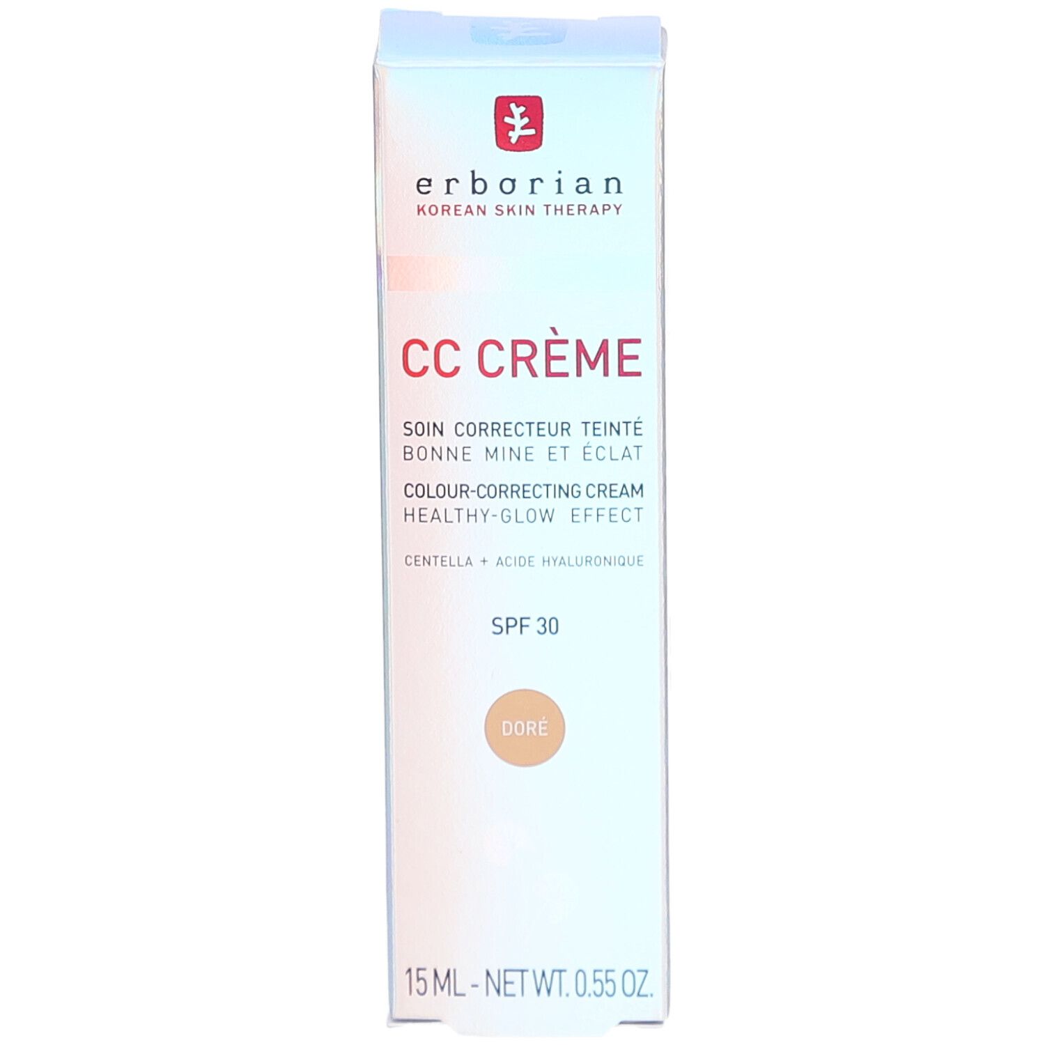 Erborian CC Crème doré, 15 ml. Farbkorrigierende Creme mit SPF 30. Verpackung mit Produktinformationen und Logo.