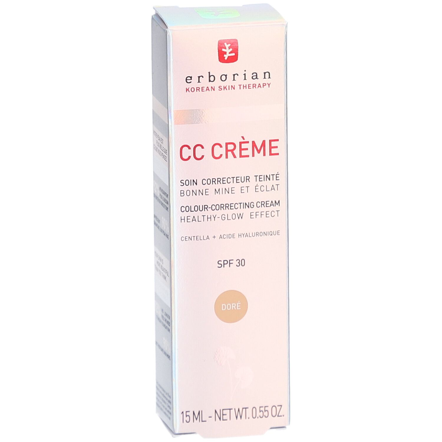 Erborian CC Crème doré, 15 ml. Farbkorrigierende Creme mit SPF 30. Verpackung mit Produktinformationen und Logo.