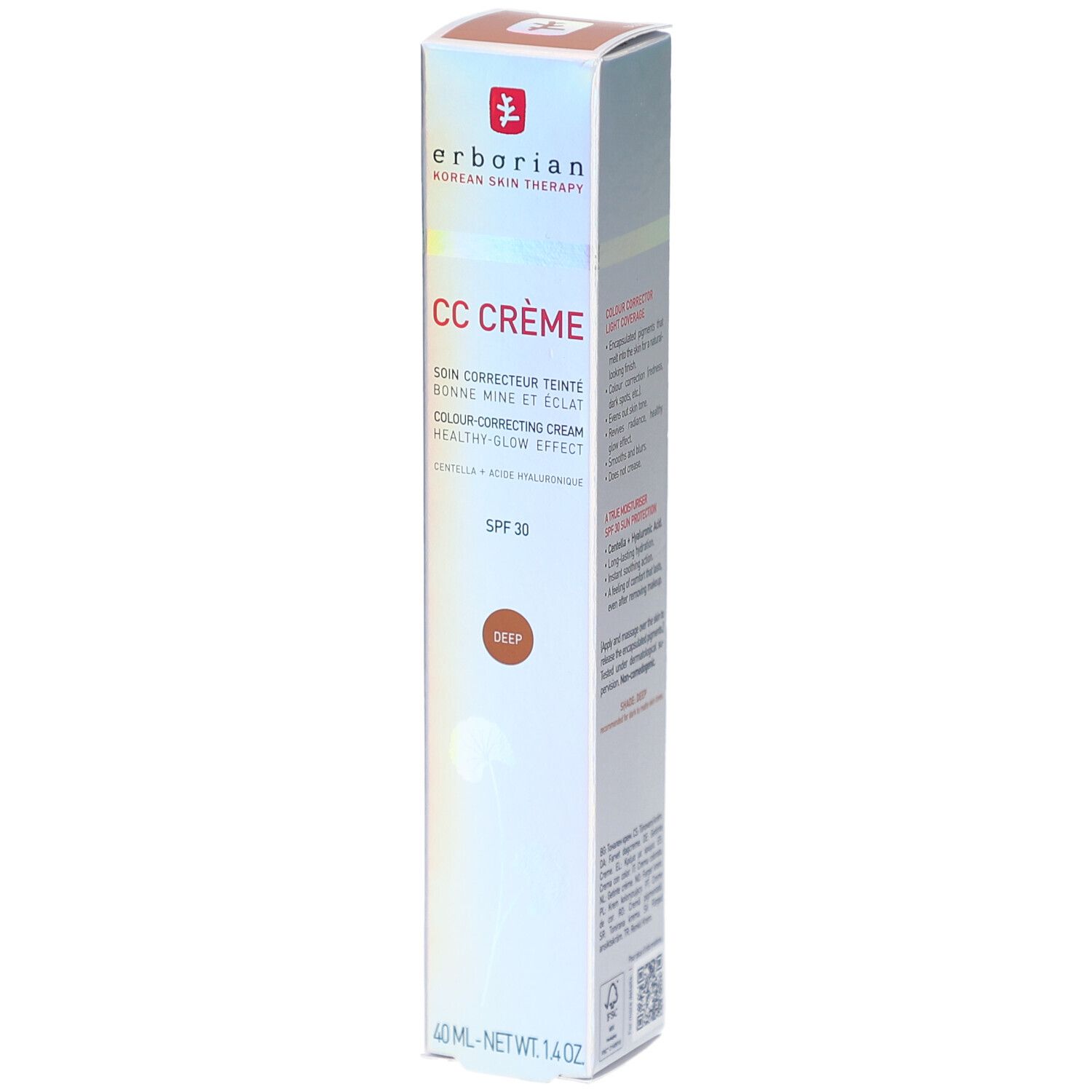 Erborian CC Crème Deep, 40 ml. Farbkorrigierende Creme mit SPF 30. Verpackung mit Produktinformationen.