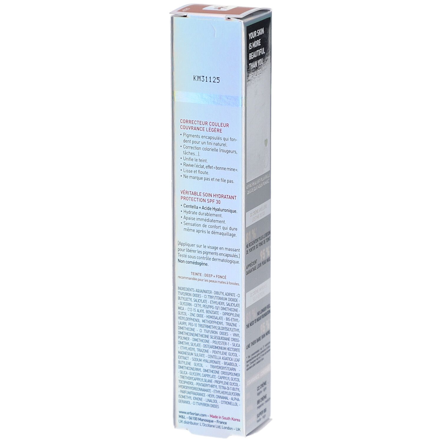 Erborian CC Crème Deep Verpackung. Rückseite mit Produktinformationen und Inhaltsstoffen.