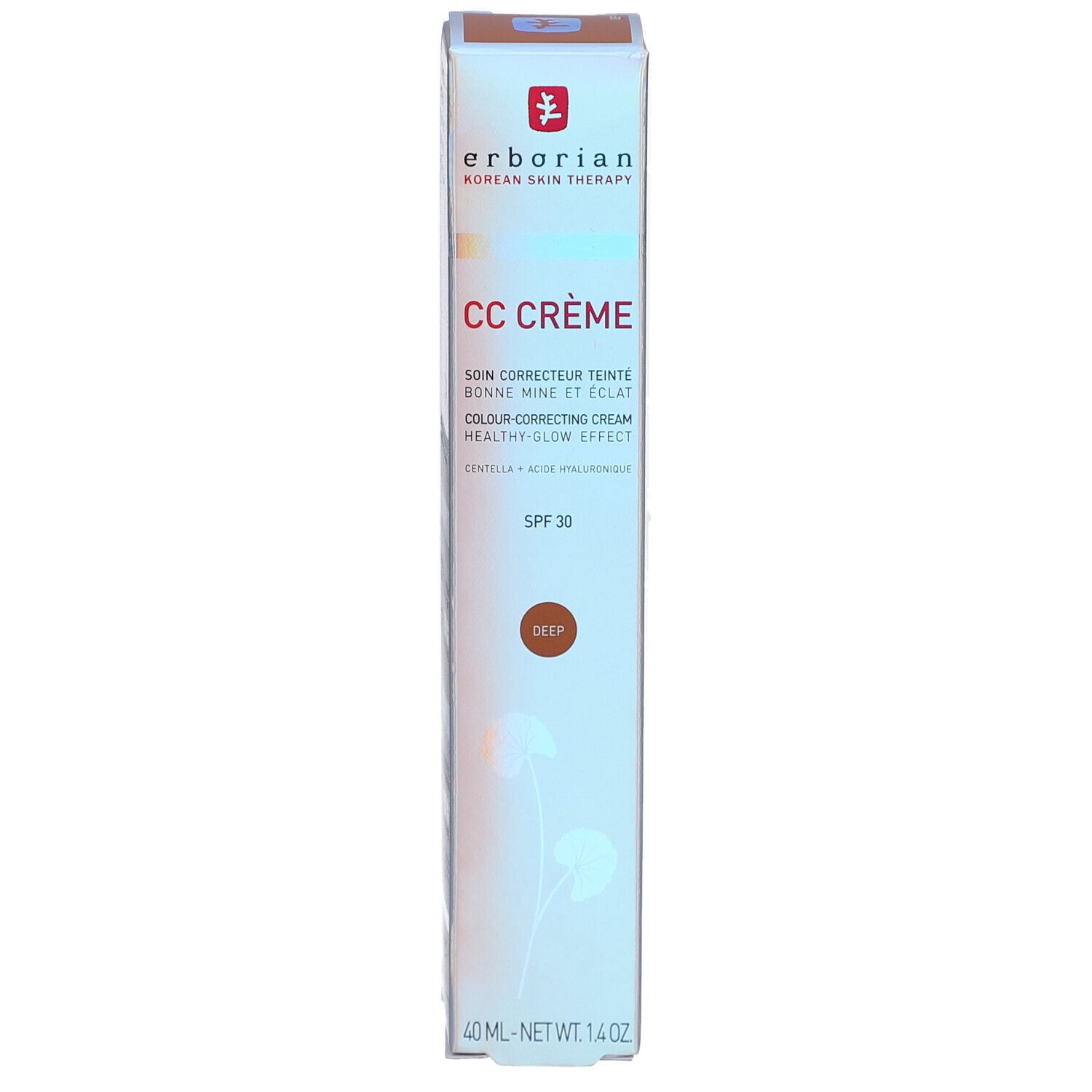 Erborian CC Crème Deep, 40 ml. Farbkorrigierende Creme mit SPF 30. Verpackung mit Produktinformationen.