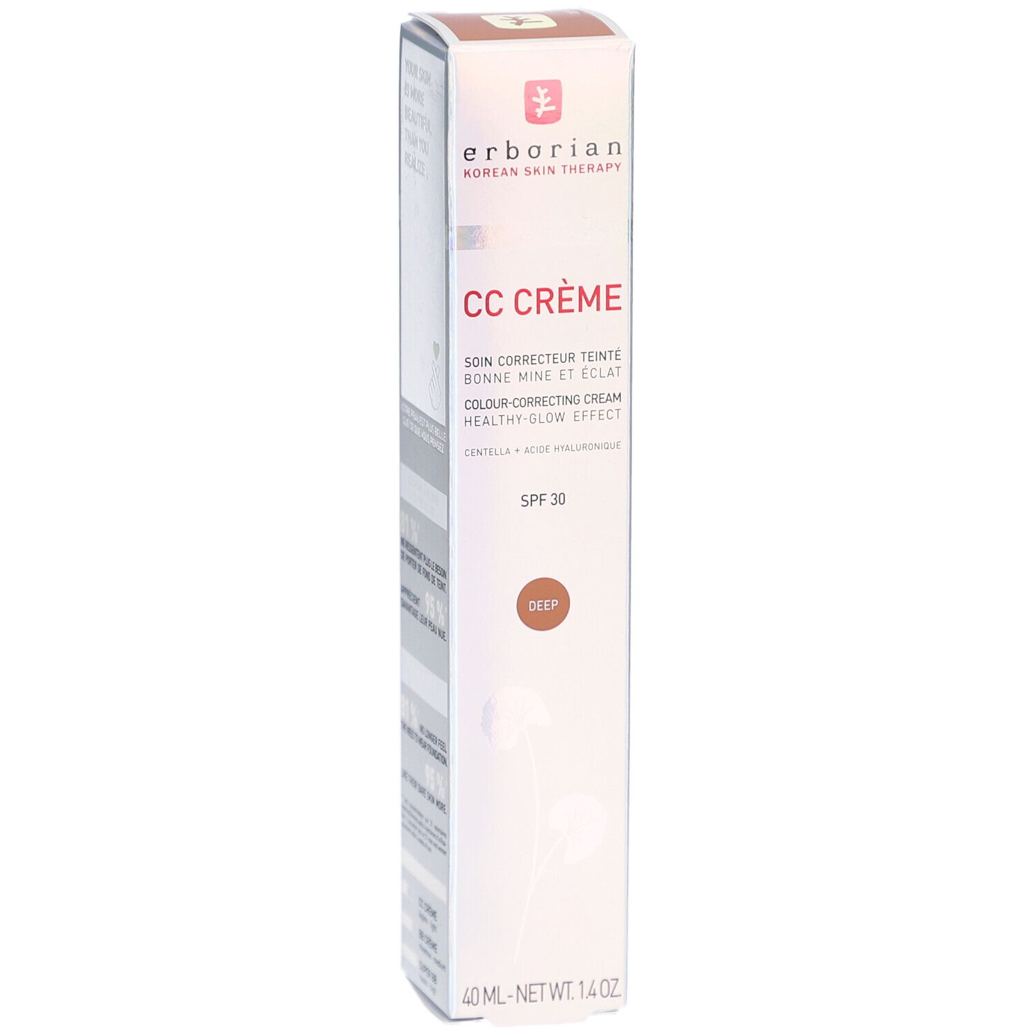 Erborian CC Crème Deep, 40 ml. Farbkorrigierende Creme mit SPF 30. Verpackung mit Produktinformationen.