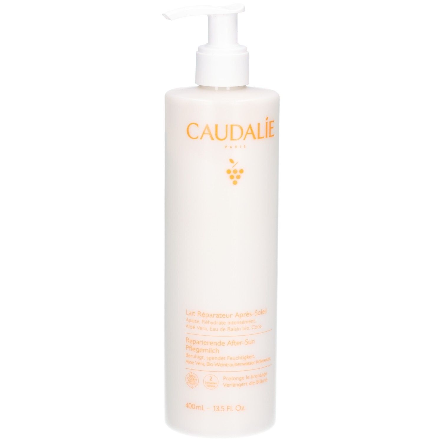 Weiße Flasche mit Dosierpumpe. Aufschrift Caudalie und Produktbezeichnung. 400 ml.