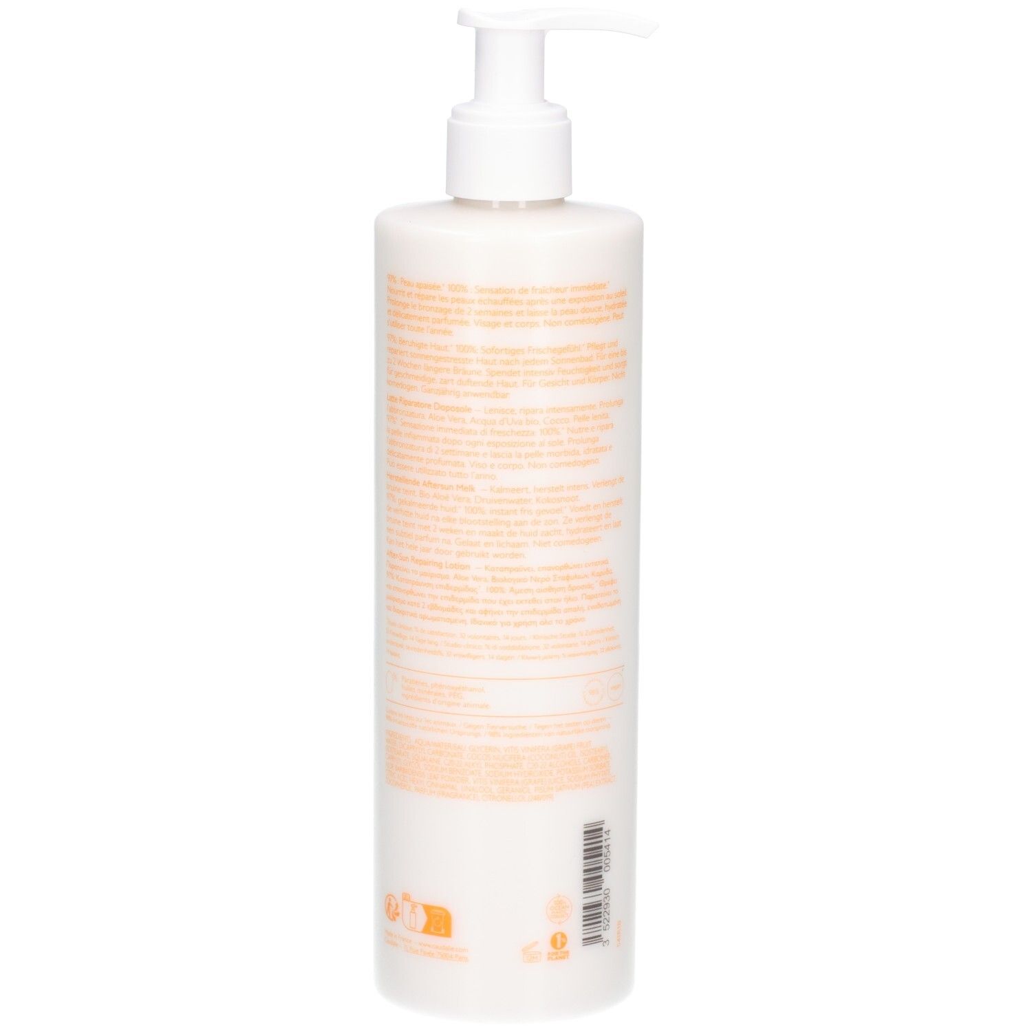 Weiße Flasche mit Dosierpumpe. Text auf der Rückseite. 400 ml.