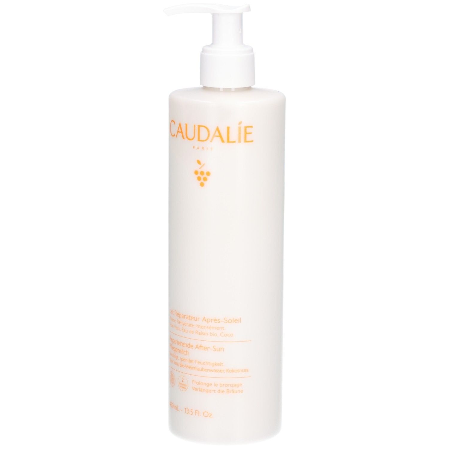 Weiße Flasche mit Dosierpumpe. Aufschrift Caudalie und Produktbezeichnung. 400 ml.