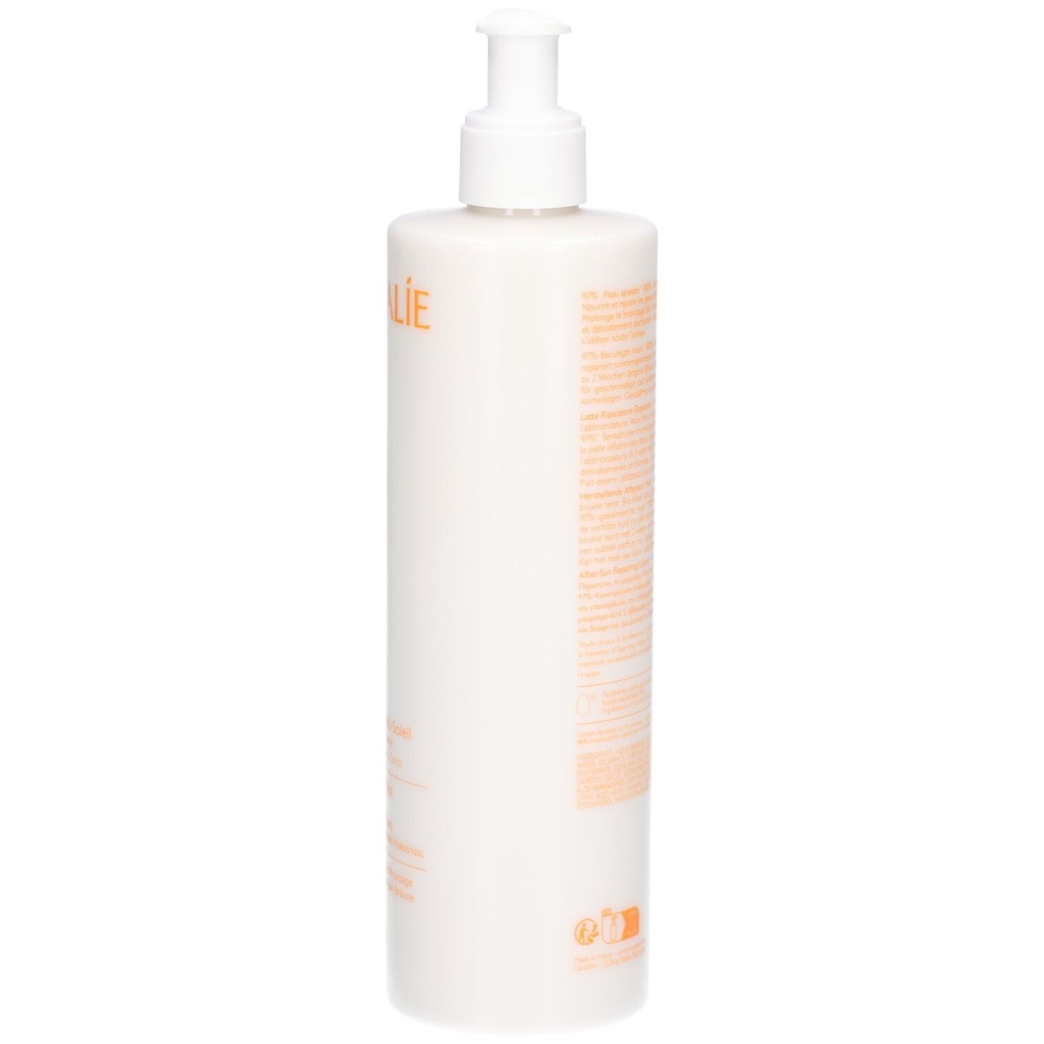 Weiße Flasche mit Dosierpumpe. Text auf der Rückseite. 400 ml.