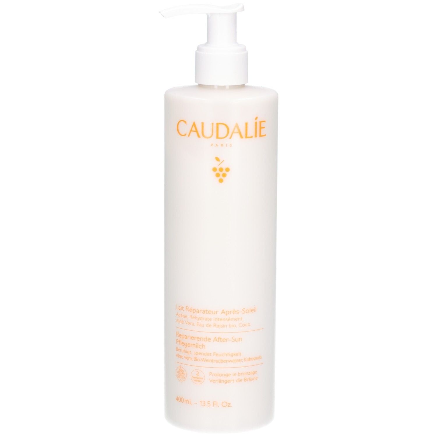 Weiße Flasche mit Dosierpumpe. Aufschrift Caudalie und Produktbezeichnung. 400 ml.