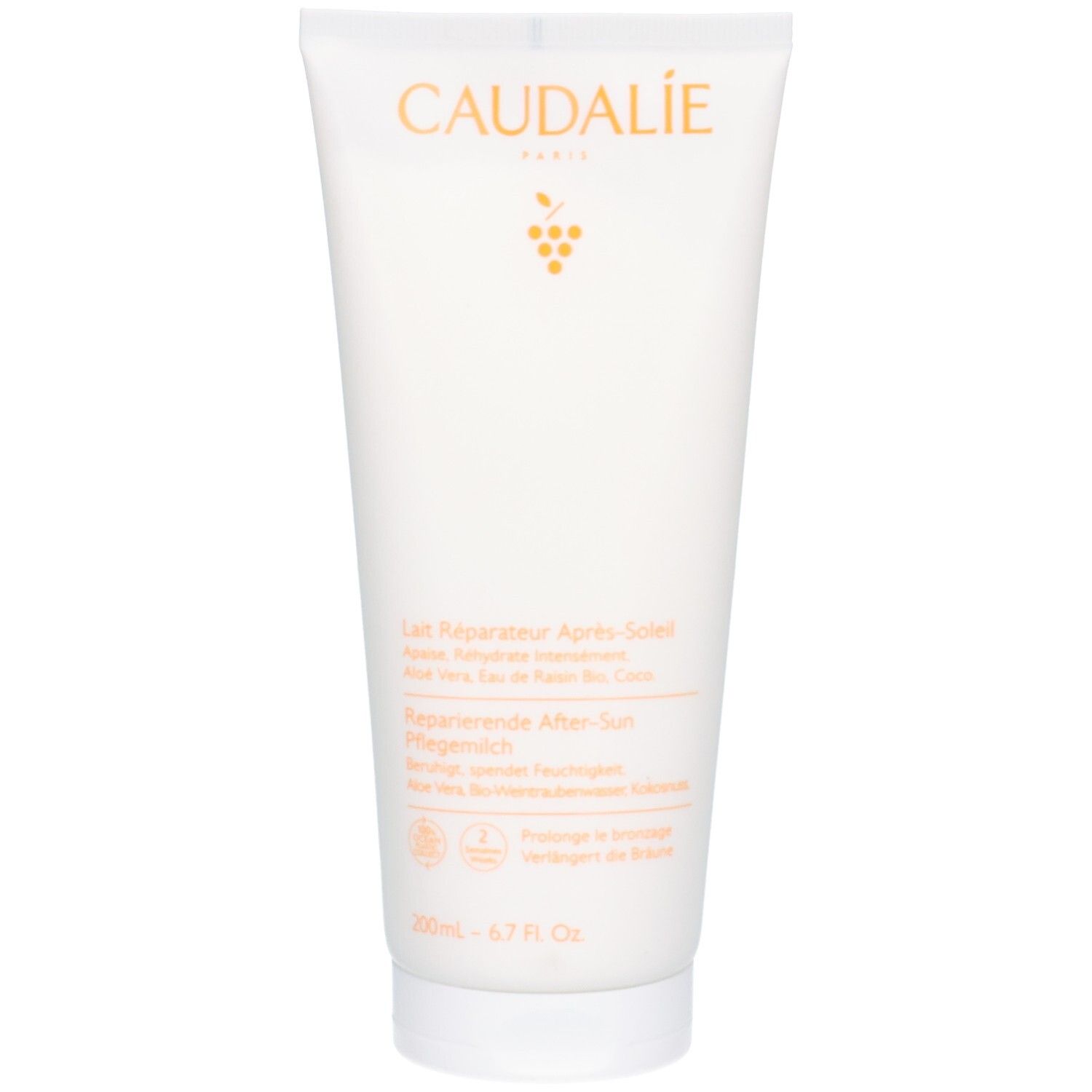 Weiße Tube mit CAUDALIE-Logo und Produktbezeichnung. Gelbe Schrift und Traubendarstellung. Text: After-Sun Pflegemilch.