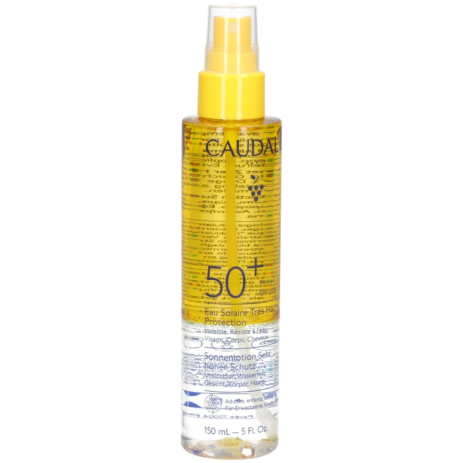 Sonnenschutzspray mit gelbem Sprühkopf. Enthält Text mit der Aufschrift "50+".
