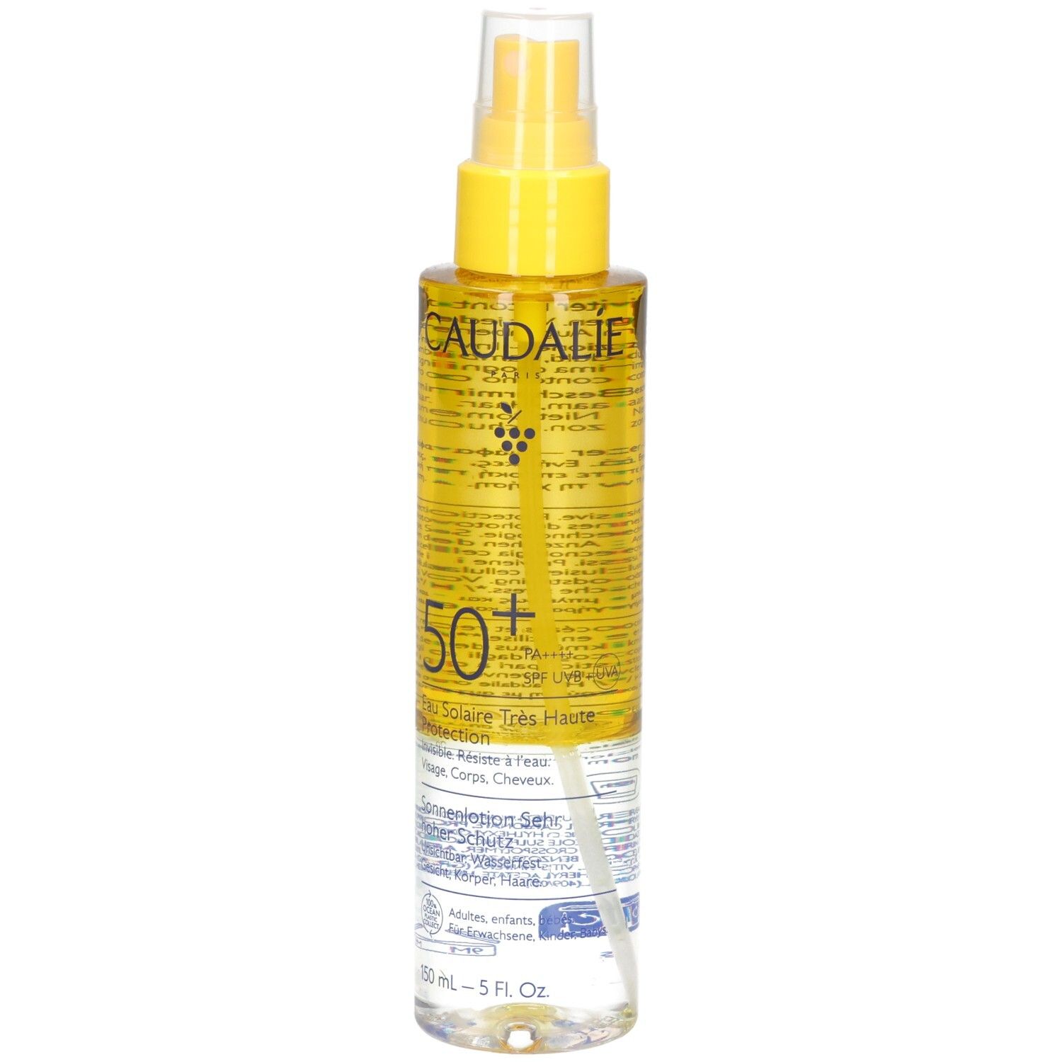 Sonnenschutzspray mit gelbem Sprühkopf. Enthält Text mit der Aufschrift "50+".
