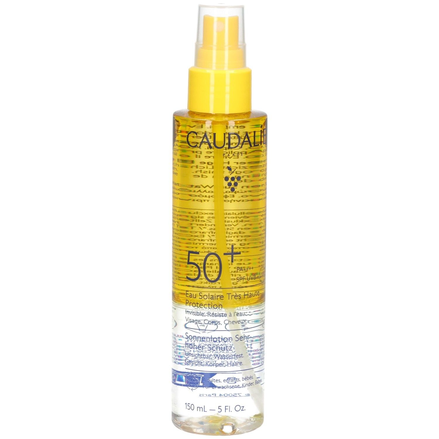 Sonnenschutzspray mit gelbem Sprühkopf. Enthält Text mit der Aufschrift "50+".