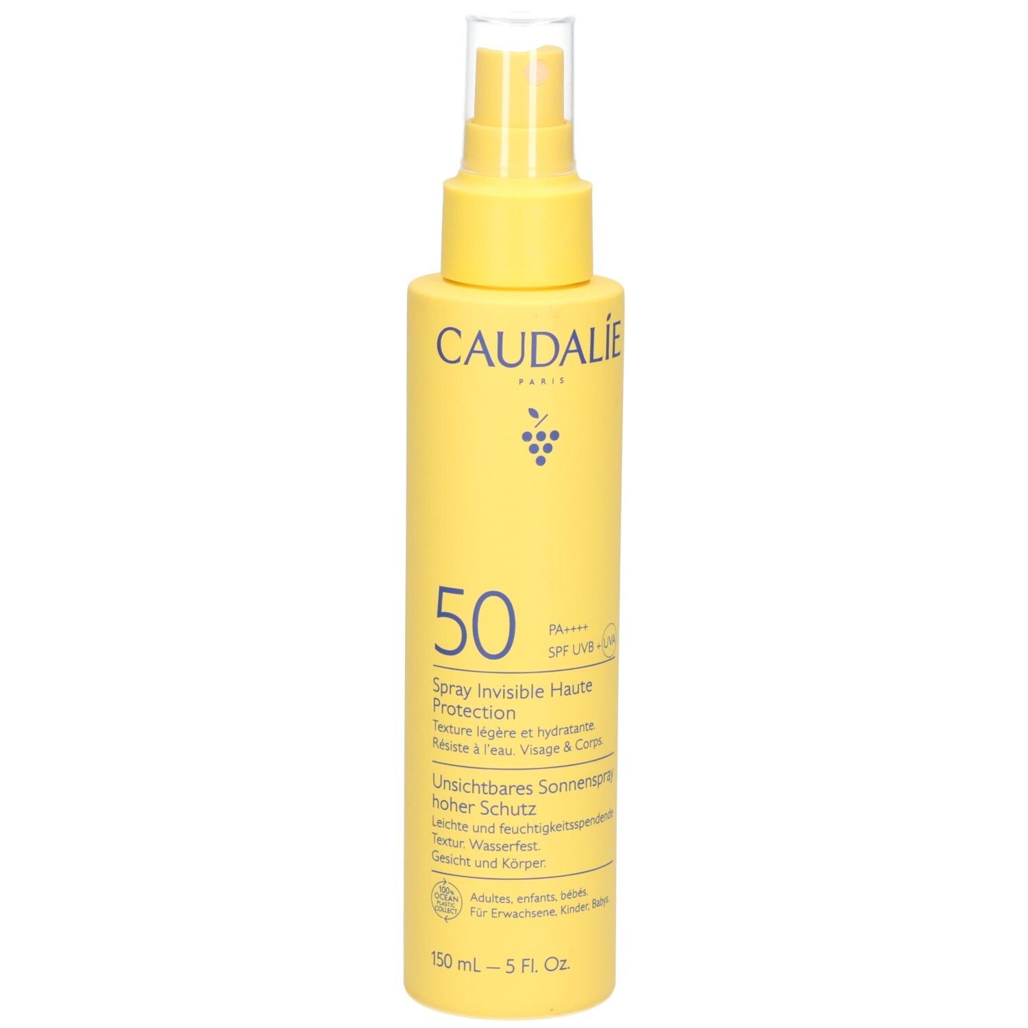 Flacon spray jaune CAUDALIE avec inscription "50". Contient un écran solaire. Avec tête de pulvérisation.