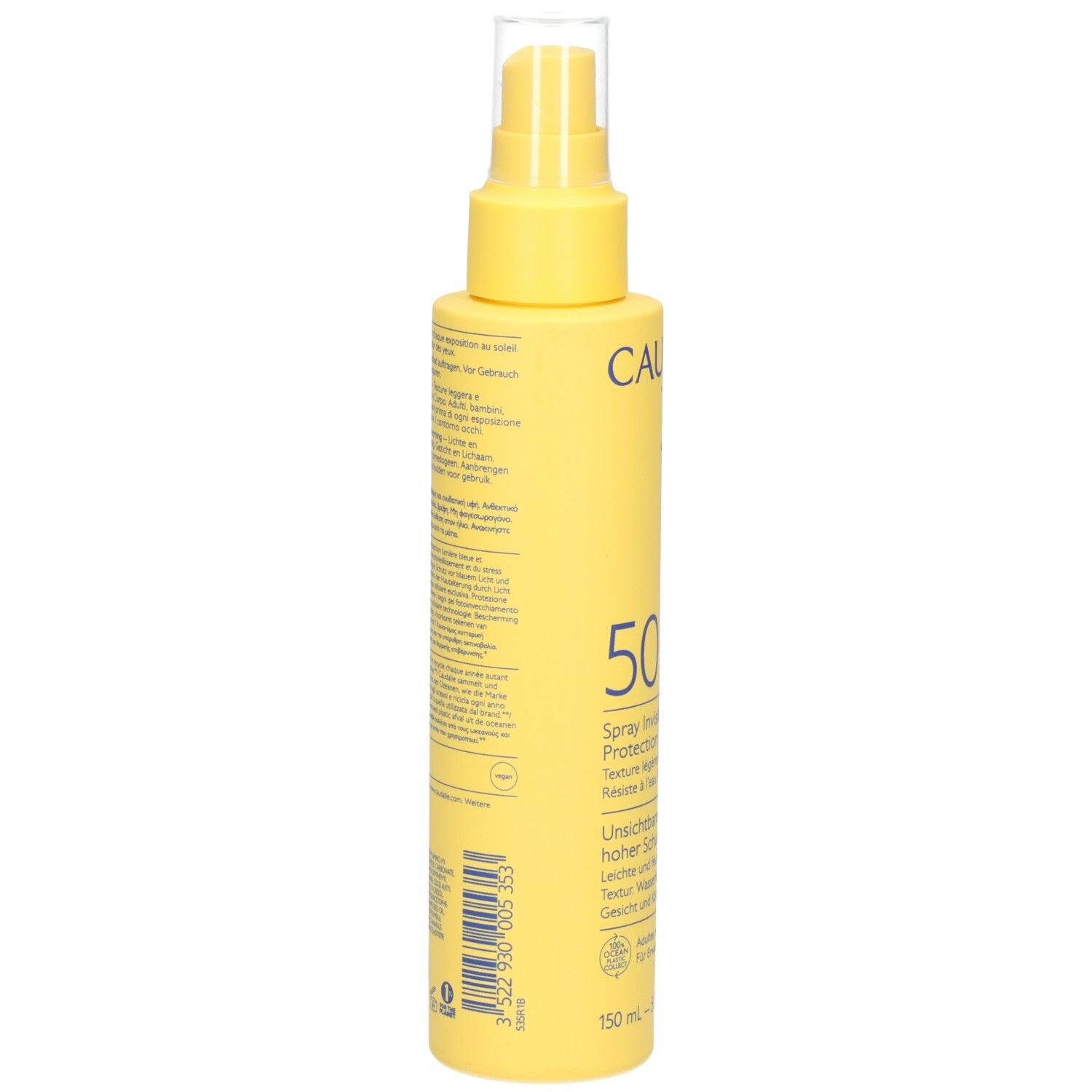 Flacon spray jaune avec texte. Dos avec informations sur le produit et code-barres.