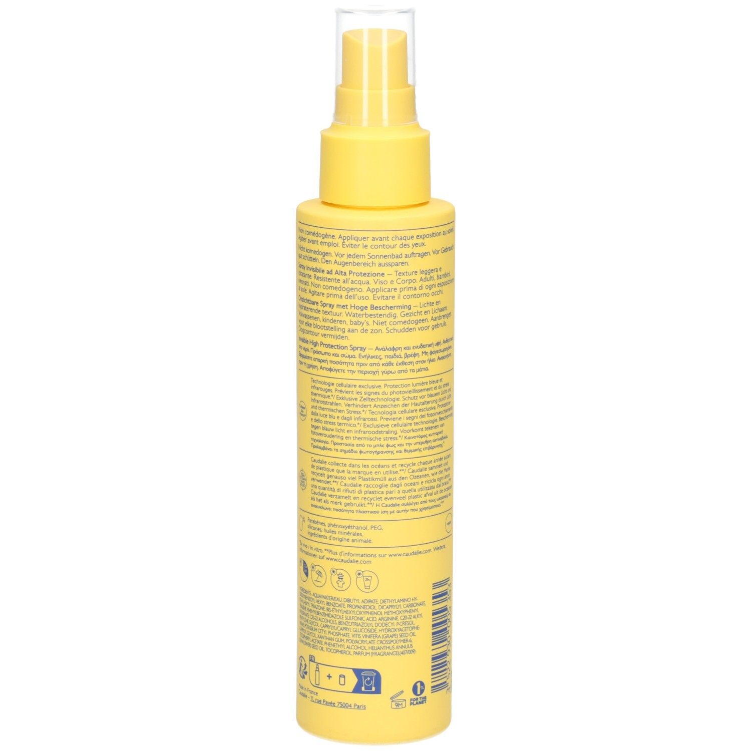 Flacon spray jaune, dos avec texte. Informations sur le produit, logos et code-barres.